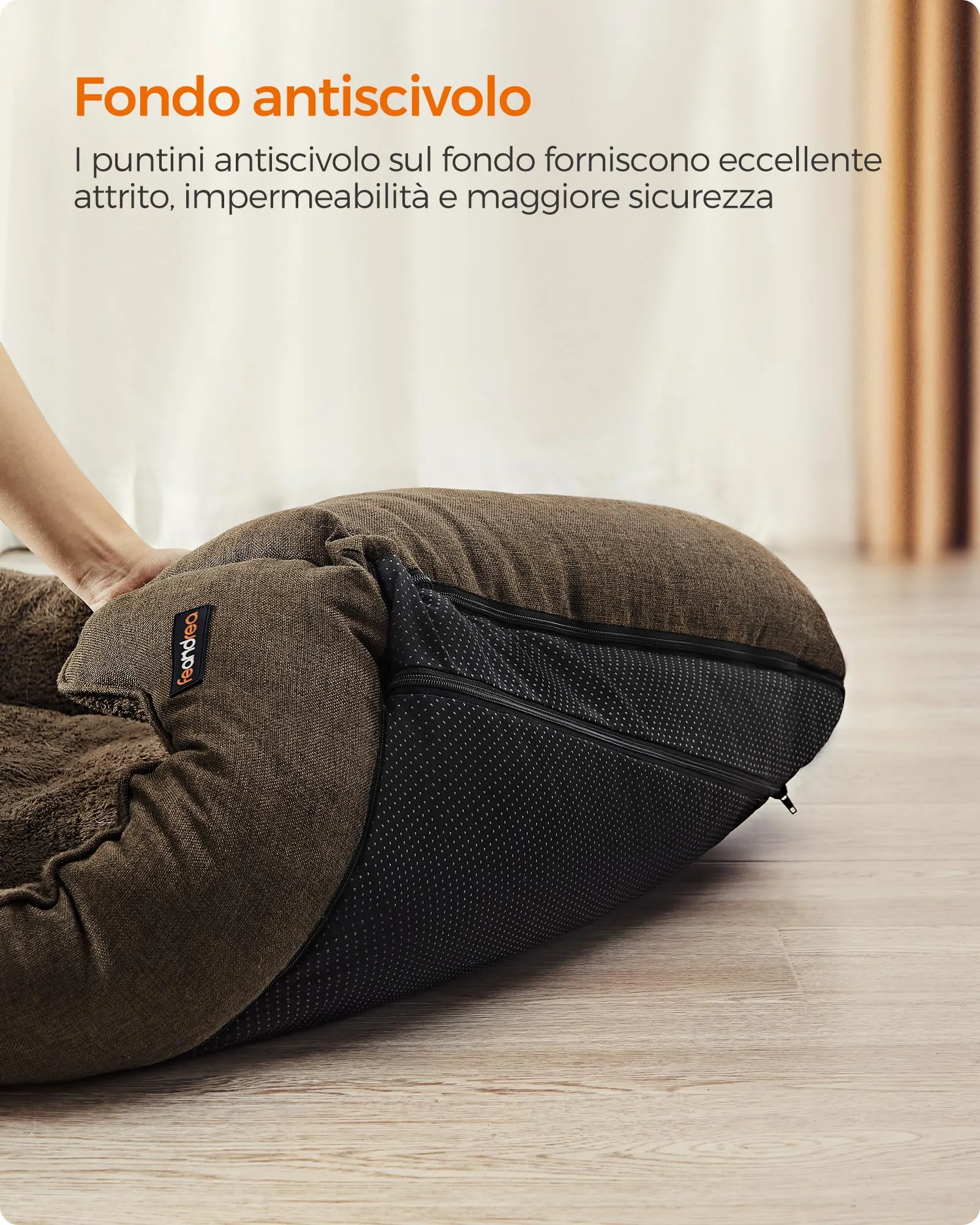 Feandrea Cuccia per Cani in Simil Lino, Bordi Rialzati, Fondo Antiscivolo, Copertura Sfoderabile, Taglia L, 90 x 75 x 25 cm, Marrone PGW11CC - immagine 5