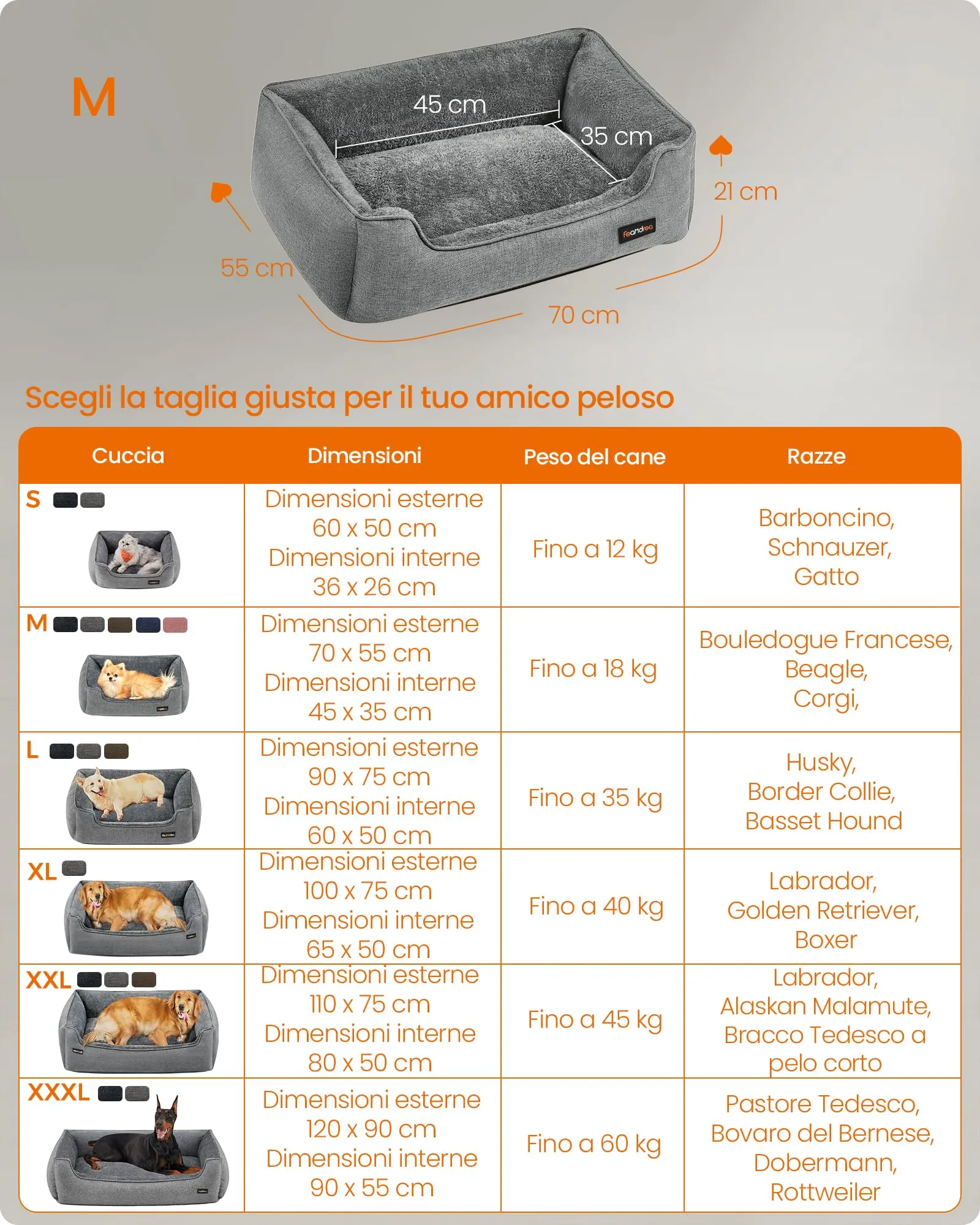 Feandrea Cuccia per Cani in Simil Lino, Taglia M, 70 x 55 x 21 cm, Grigio Chiaro PGW10GG - immagine 7