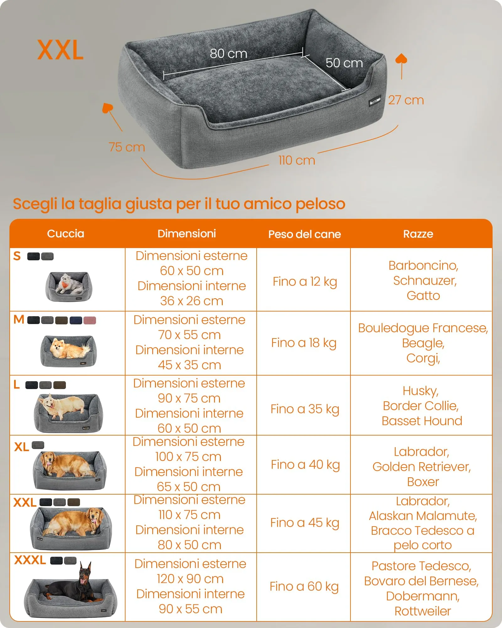 Feandrea Cuccia per Cani in Simil Lino, Taglia XL, 110 x 75 x 27 cm, Grigio Chiaro PGW12GG - immagine 7