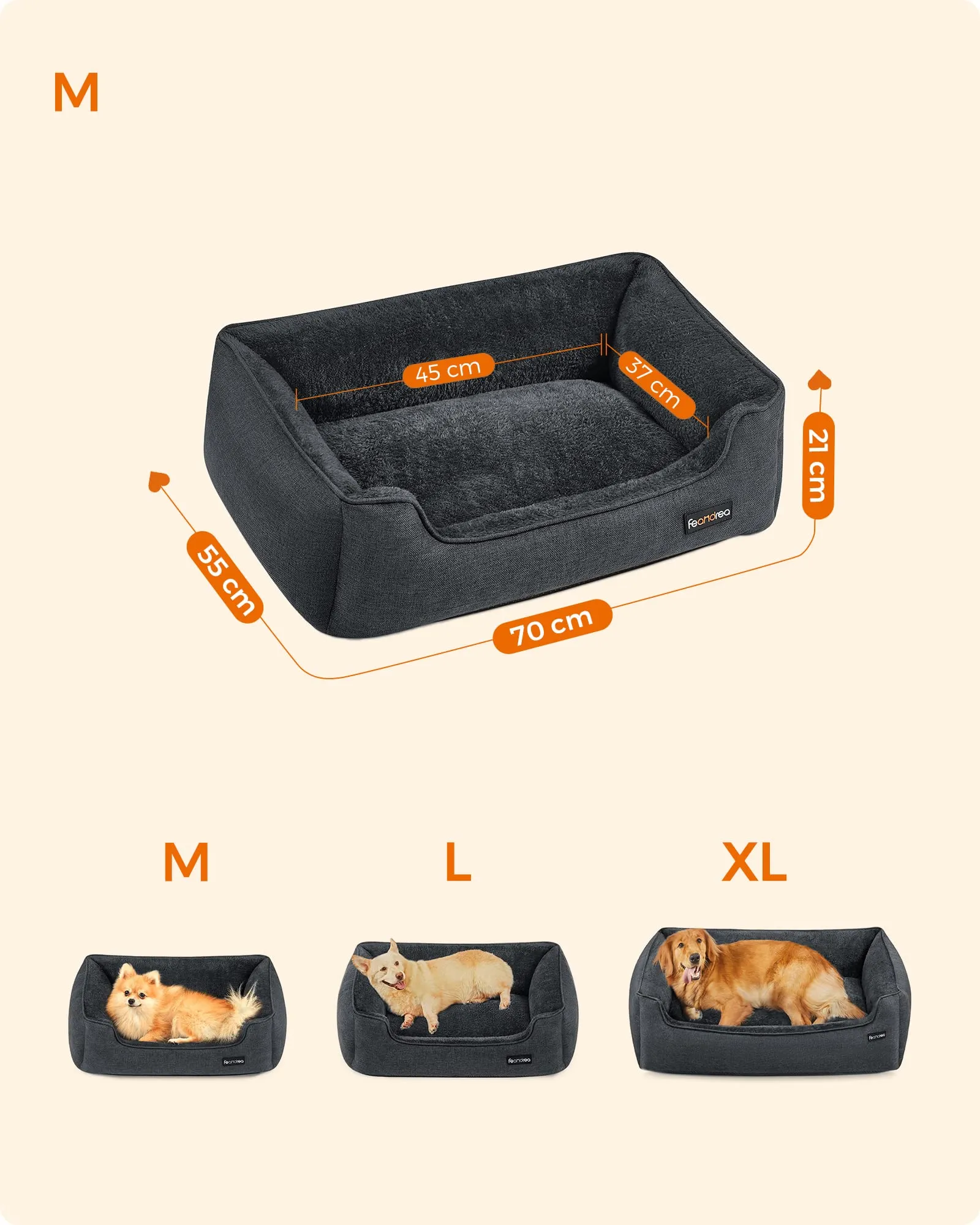 Feandrea Cuccia per Cani in Simil Lino, Taglia M, 70 x 55 x 21 cm, Grigio Scuro PGW010G01 - immagine 5