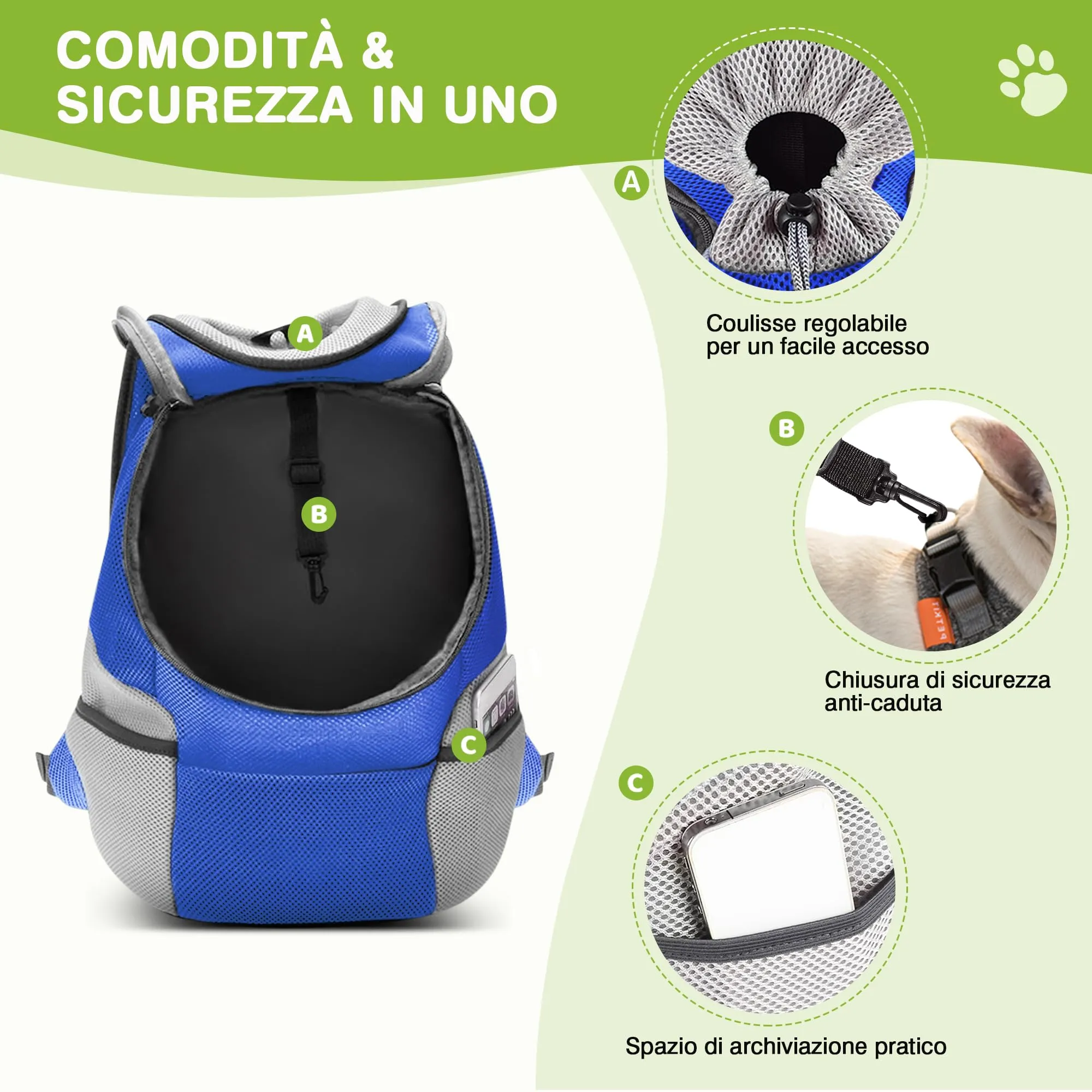 ALLSOPETS Zaino Trasportino Regolabile per Cani e Gatti, Blu Notte, L - immagine 3