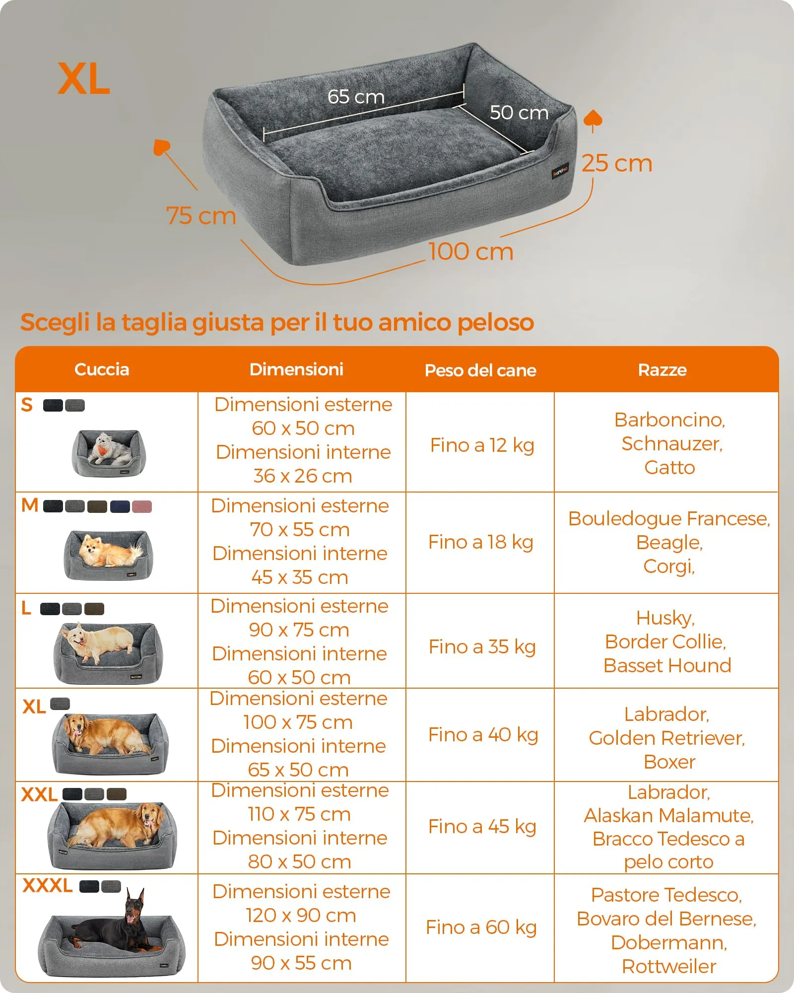 Feandrea Cuccia per Cani in Simil Lino, XL, 100 x 75 x 25 cm, Grigio Tortora PGW014GD01 - immagine 7
