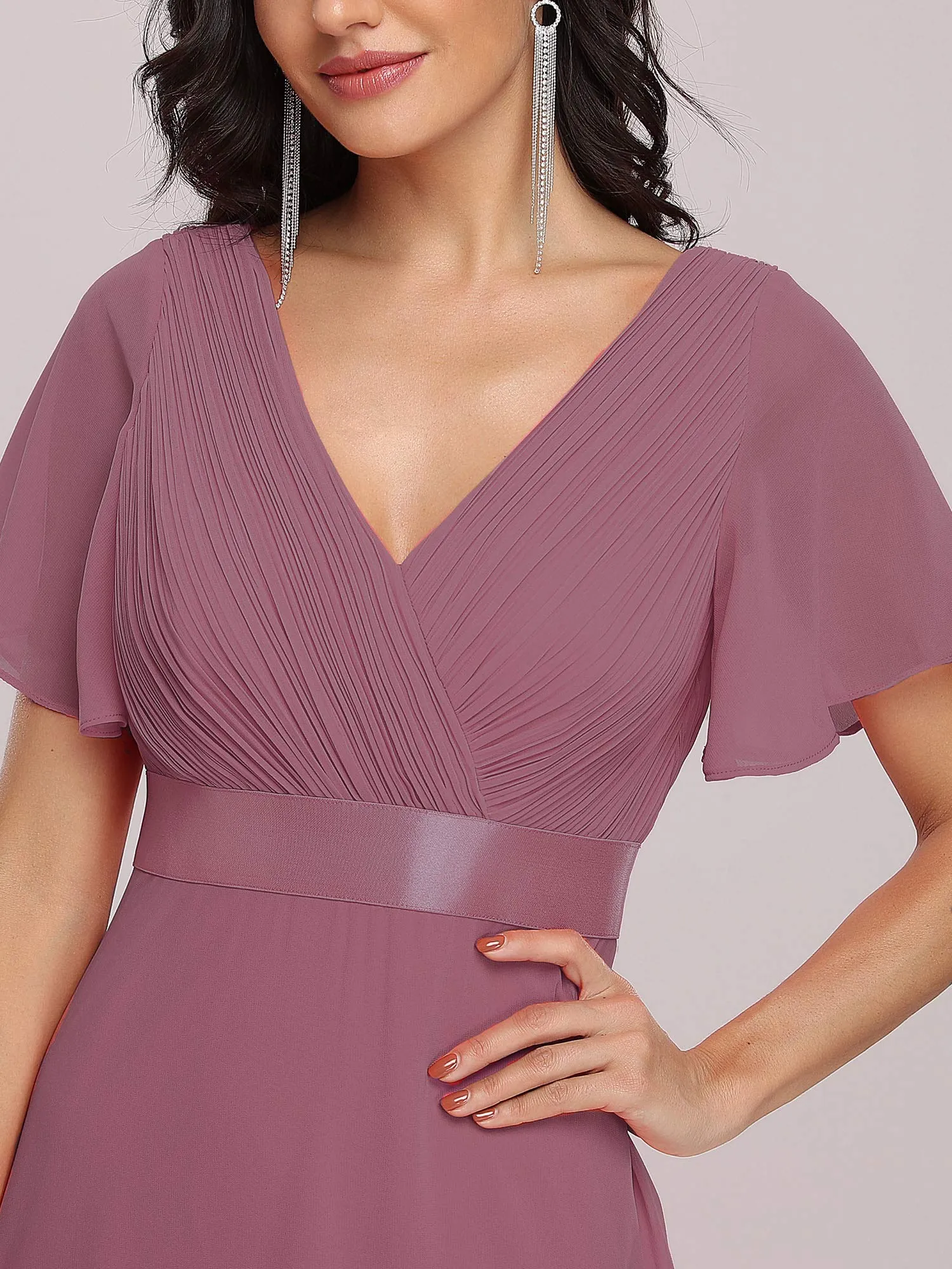 Ever-Pretty Vestito da Cerimonia Donna Stile Impero Linea ad A Scollo a V Maniche Corte Lungo Orchidea 54 - immagine 6