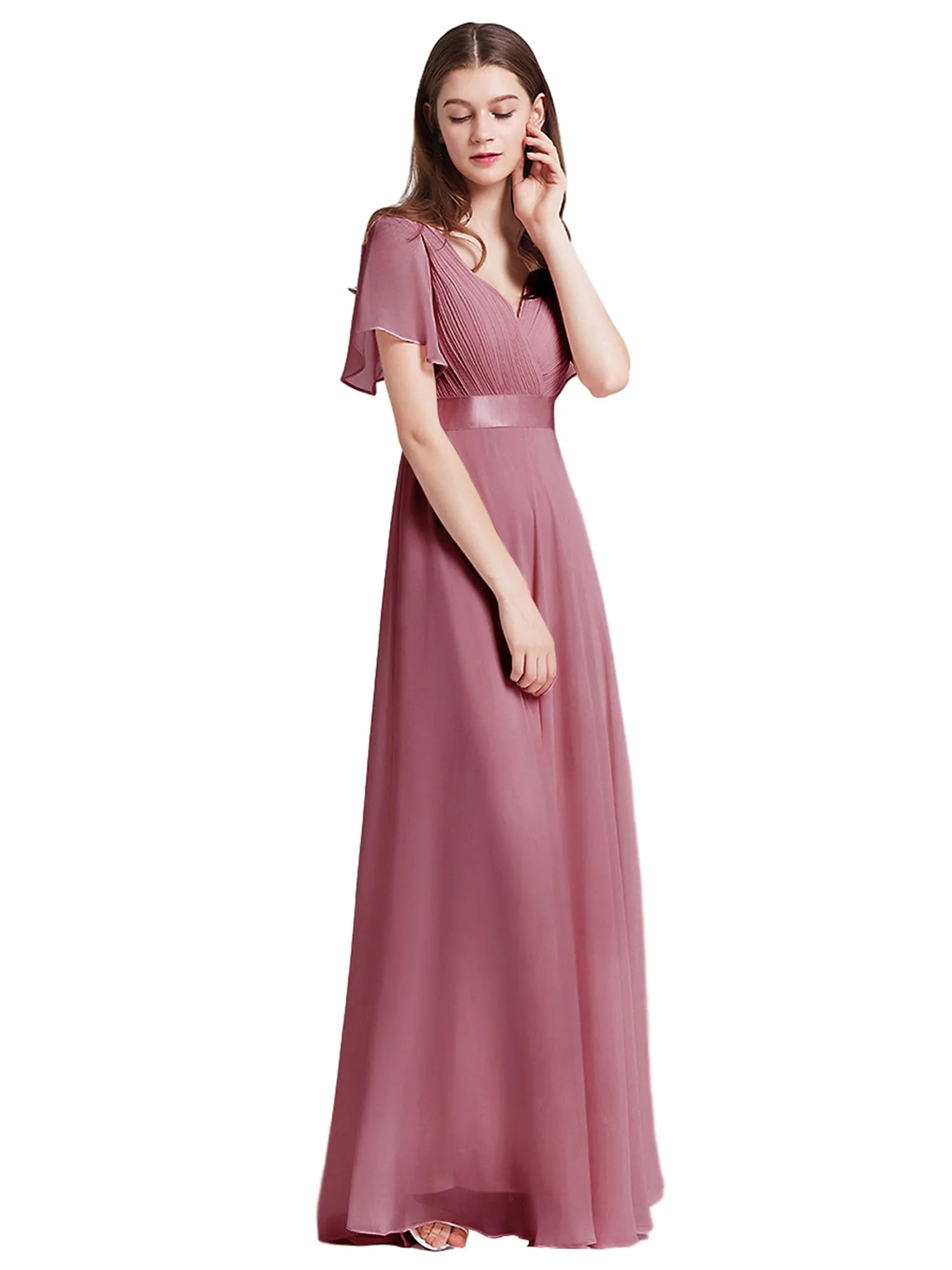 Ever-Pretty Vestito da Cerimonia Donna Stile Impero Linea ad A Scollo a V Maniche Corte Lungo Orchidea 40 - immagine 1