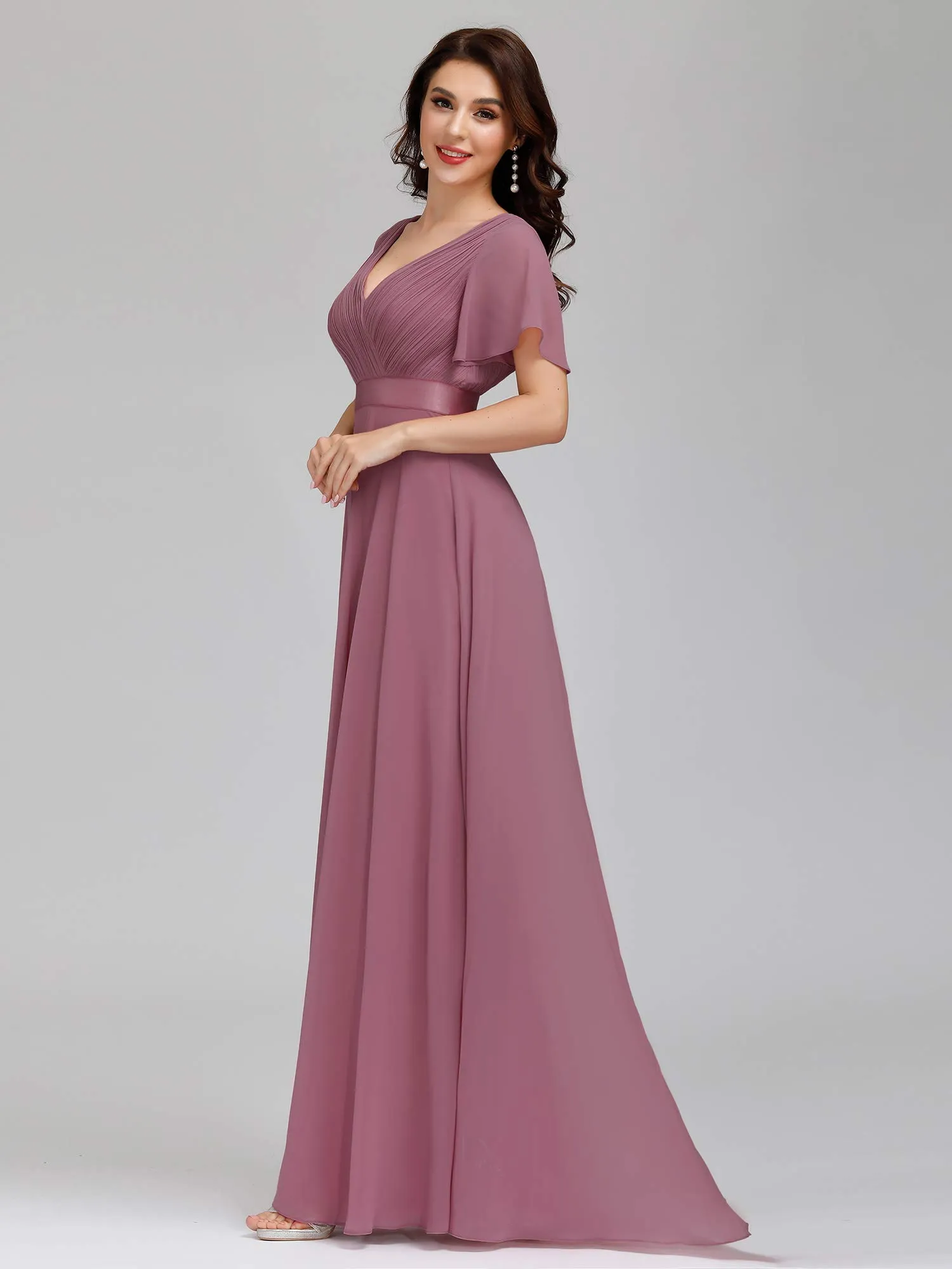 Ever-Pretty Vestito da Cerimonia Donna Stile Impero Linea ad A Scollo a V Maniche Corte Lungo Orchidea 40 - immagine 2