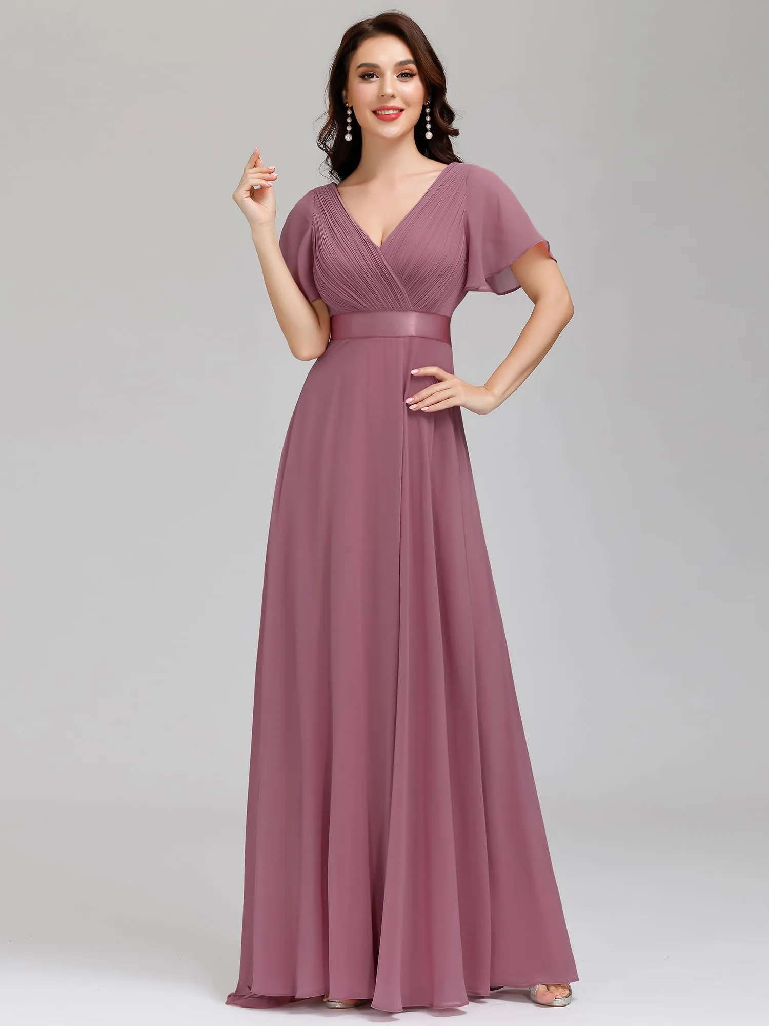 Ever-Pretty Vestito da Cerimonia Donna Stile Impero Linea ad A Scollo a V Maniche Corte Lungo Orchidea 40 - immagine 5