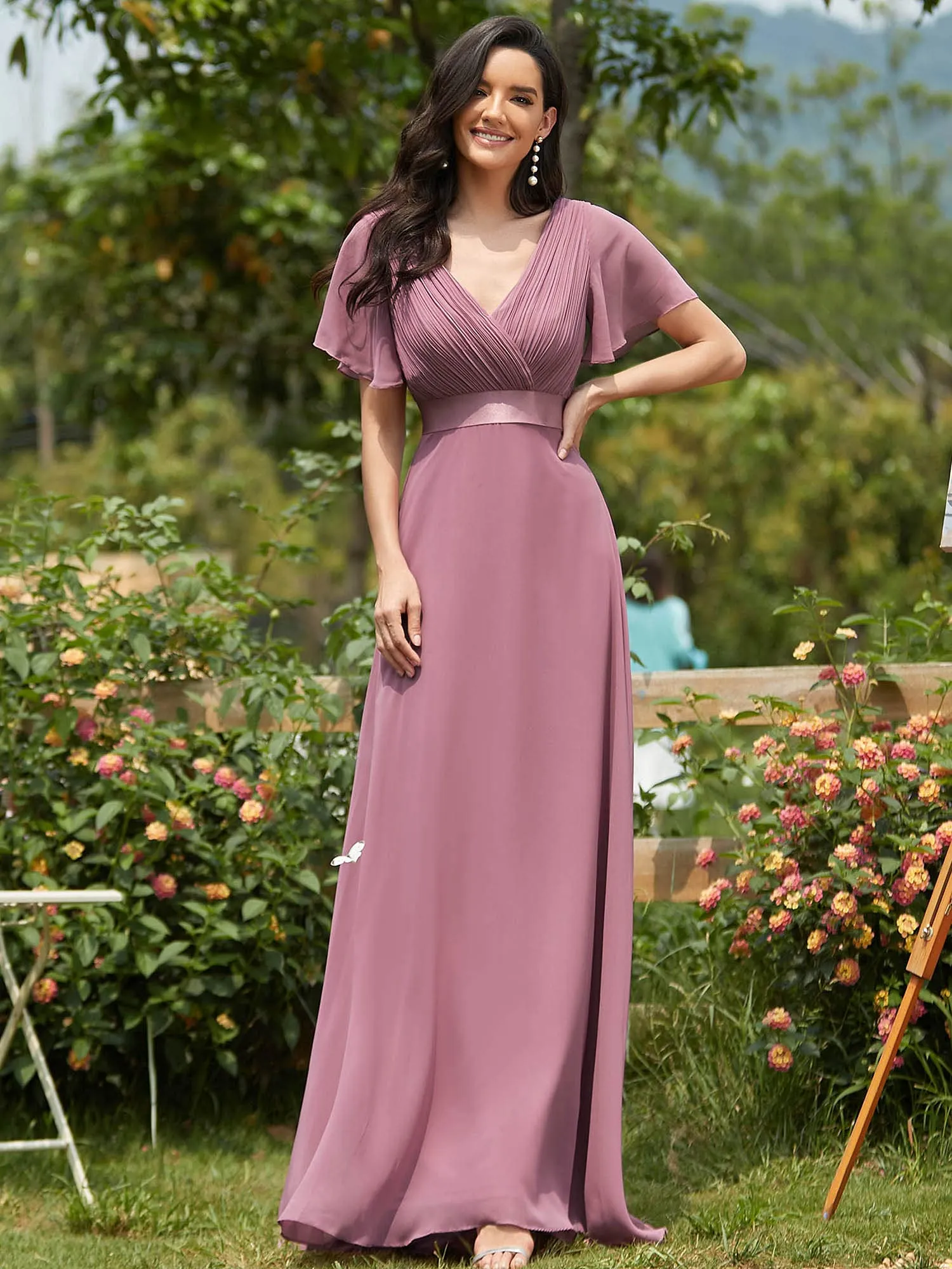 Ever-Pretty Vestito da Cerimonia Donna Stile Impero Linea ad A Scollo a V Maniche Corte Lungo, Orchidea, 50 - immagine 3