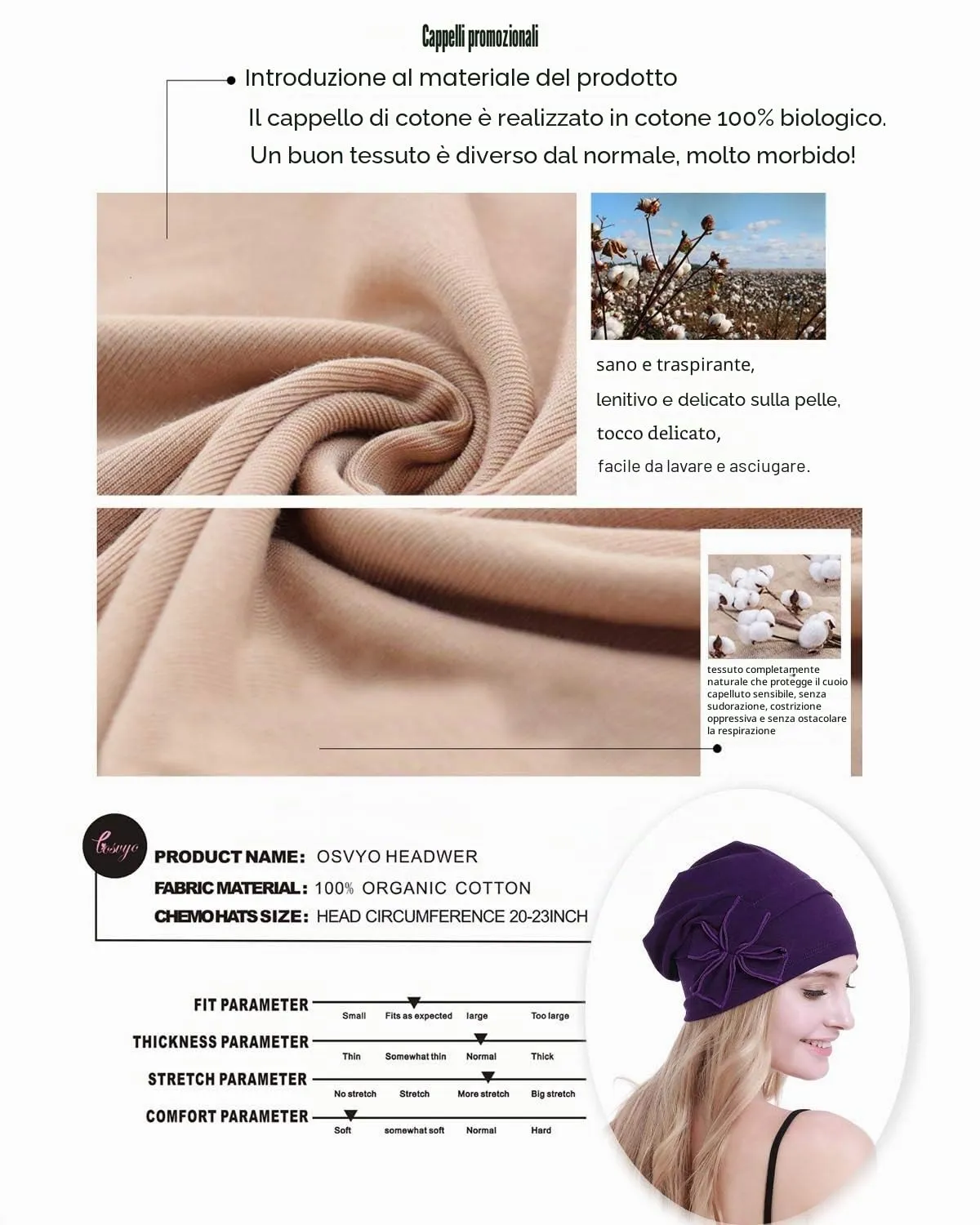 osvyo Copricapo in cotone biologico per chemioterapia da donna, Taglia unica - immagine 4