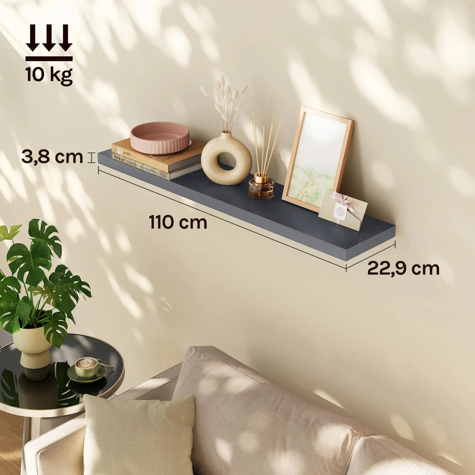 WOLTU Mensola da Muro in MDF, Grigio Scuro, 110x22.9x3.8cm - immagine 3