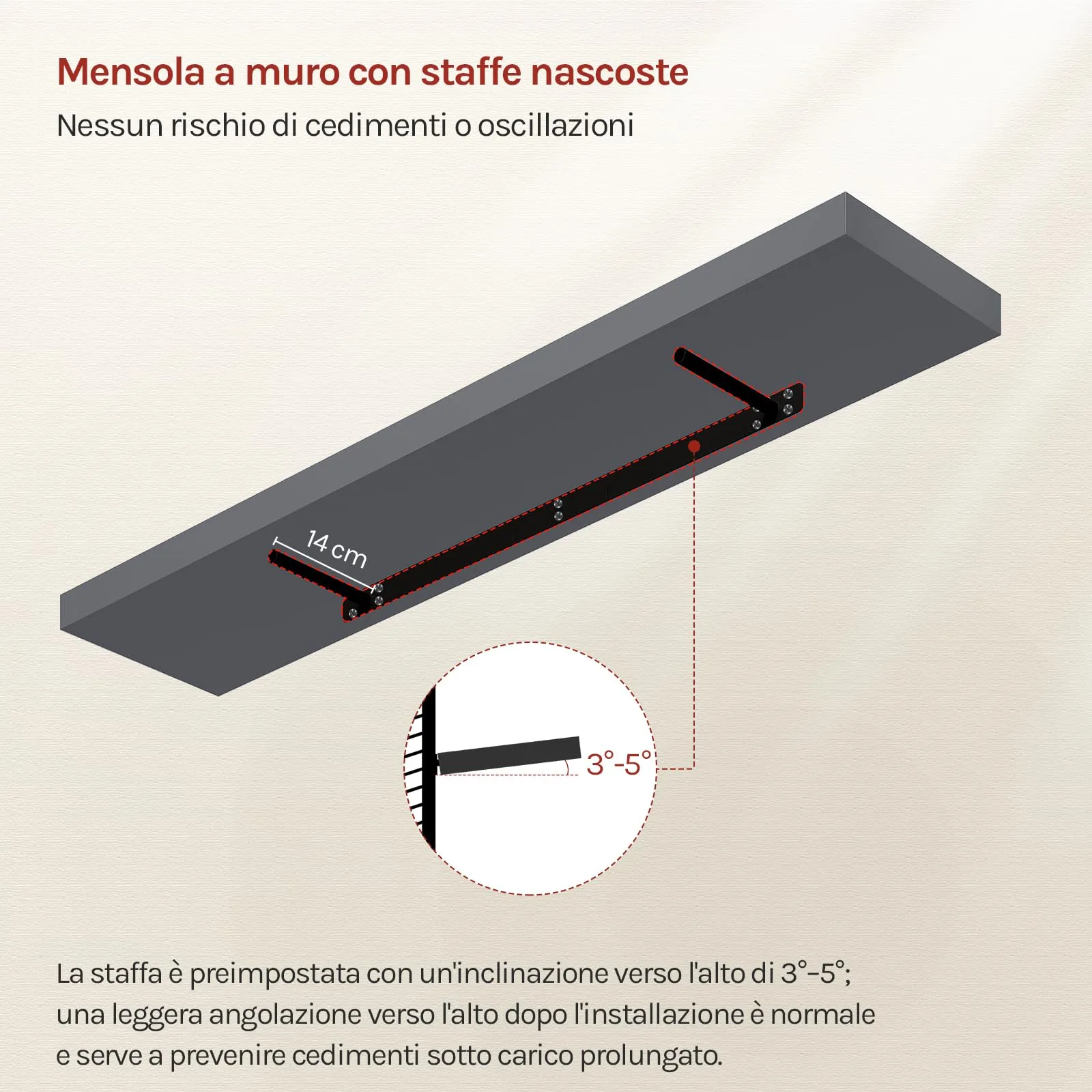 WOLTU Mensola da Muro in MDF, Grigio Scuro, 110x22.9x3.8cm - immagine 5