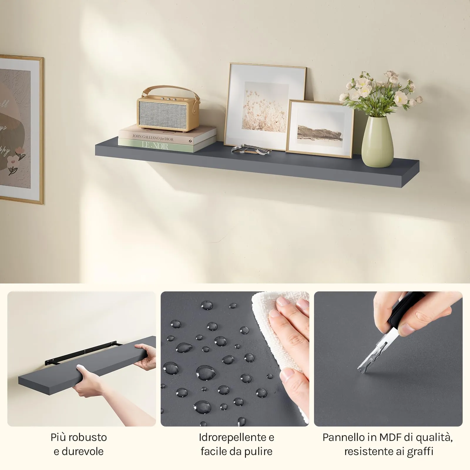 WOLTU Mensola da Muro in MDF, Grigio Scuro, 110x22.9x3.8cm - immagine 8