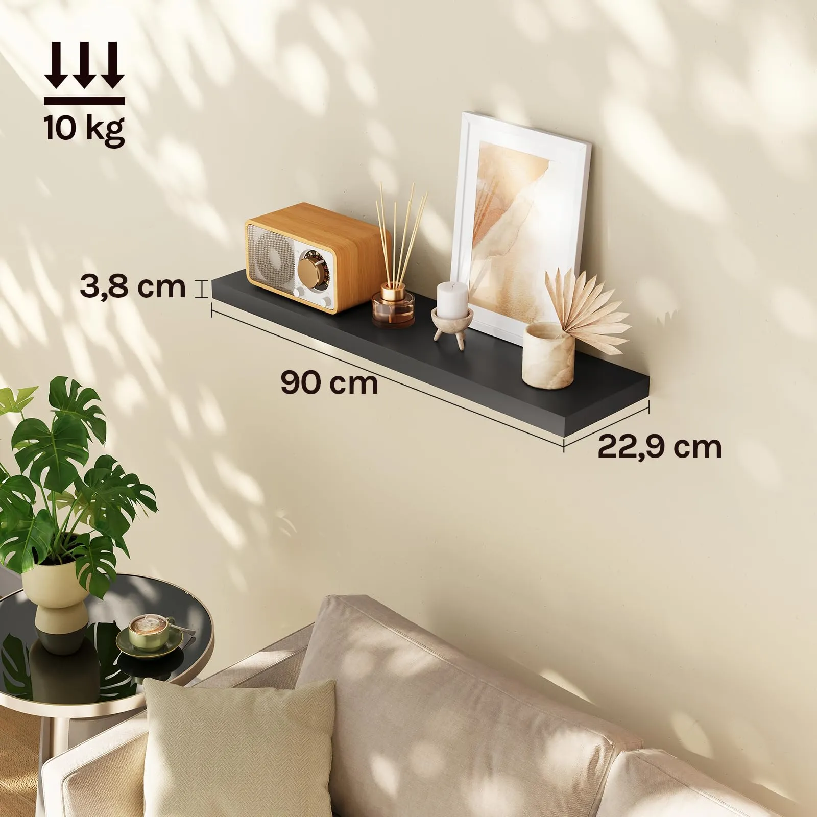 WOLTU Mensola da Muro in MDF, Nero, 90x22.9x3.8 cm - immagine 3