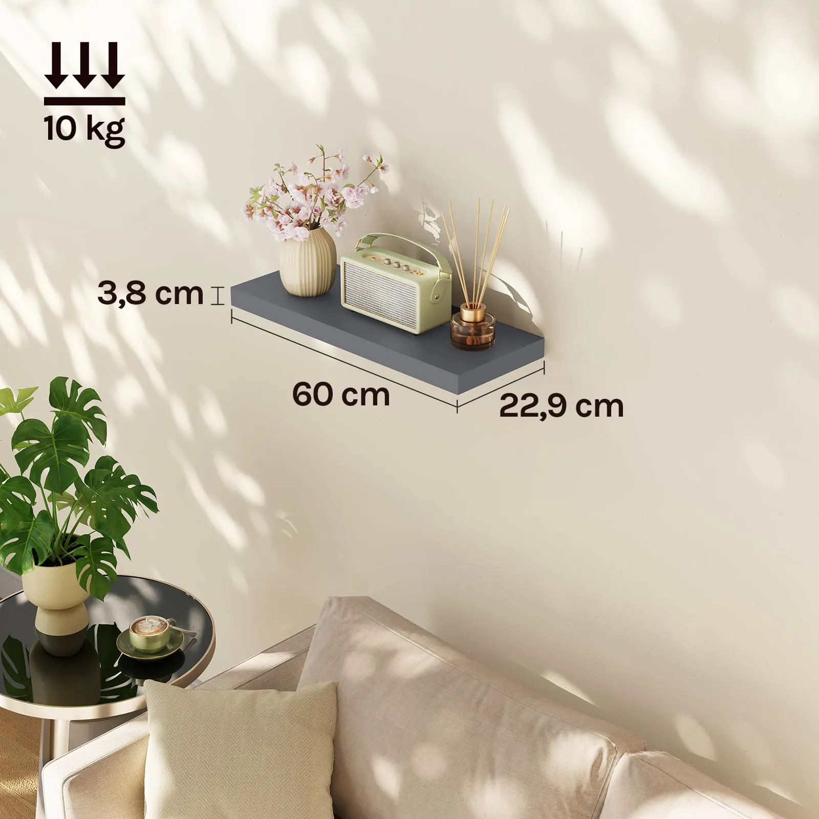 WOLTU Mensola da Muro Rettangolare in Legno, Grigio Scuro, 60cm, RG9319dgr-b - immagine 3