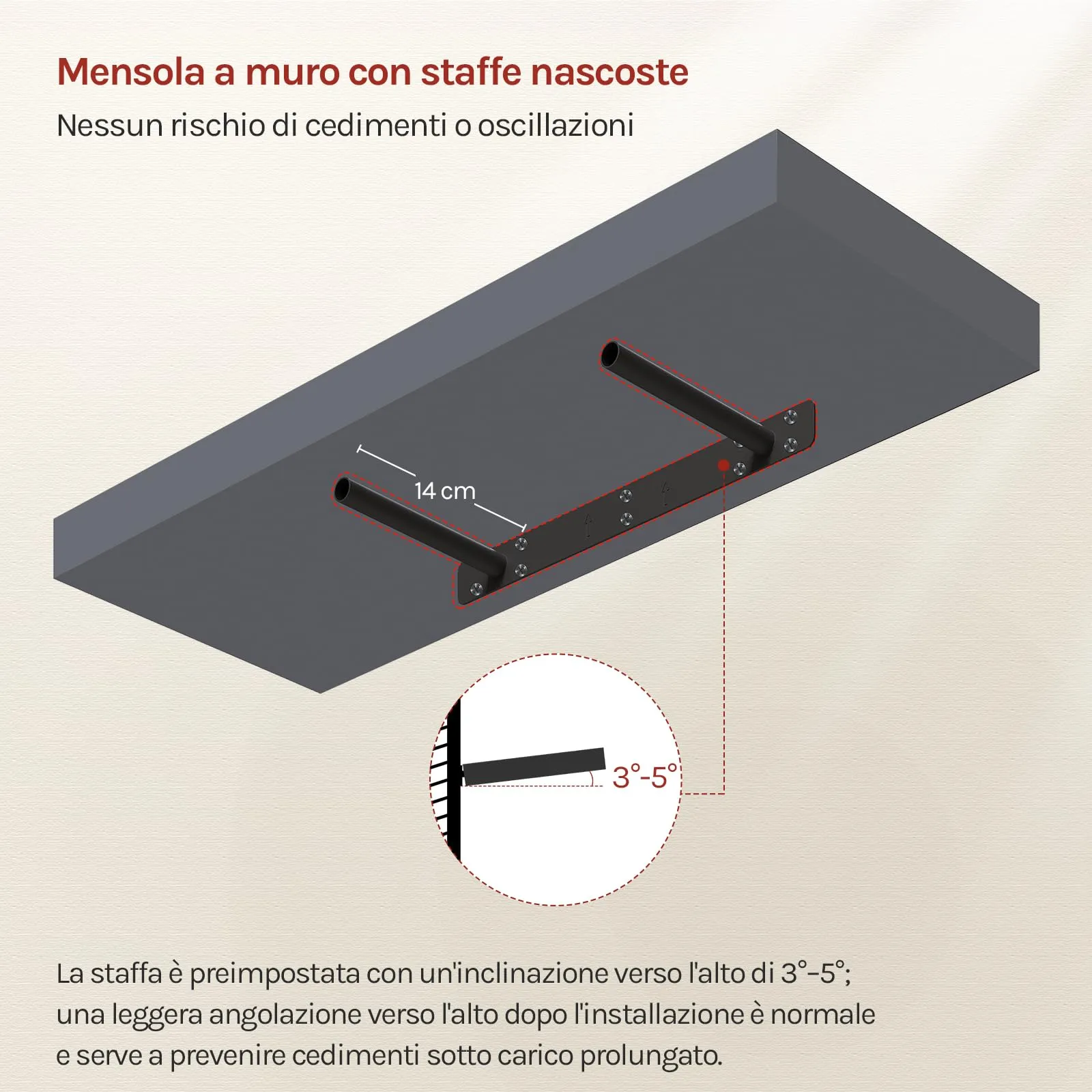 WOLTU Mensola da Muro Rettangolare in Legno, Grigio Scuro, 60cm, RG9319dgr-b - immagine 5