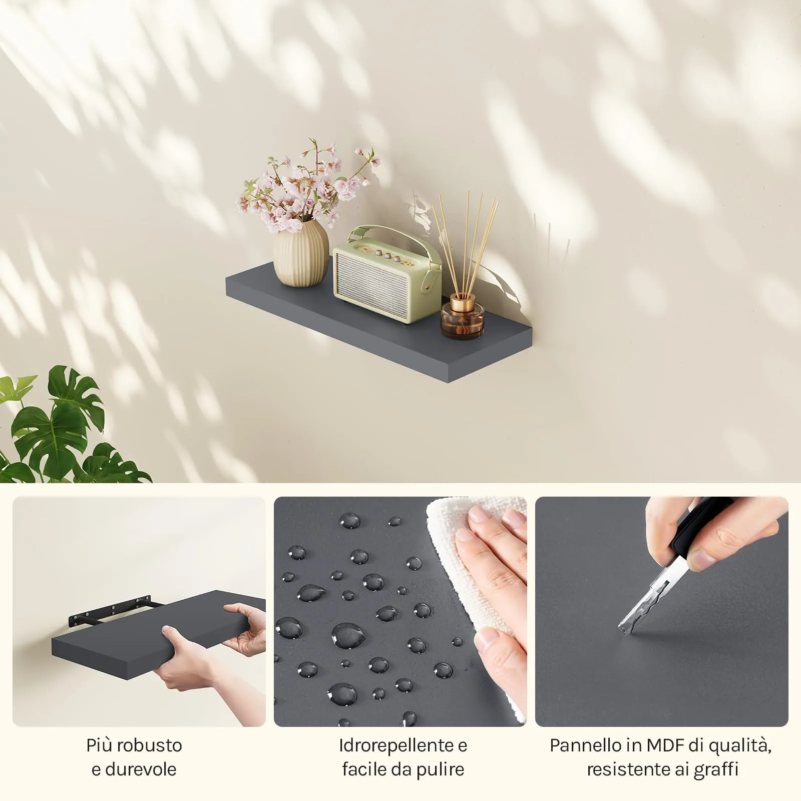 WOLTU Mensola da Muro Rettangolare in Legno, Grigio Scuro, 60cm, RG9319dgr-b - immagine 8