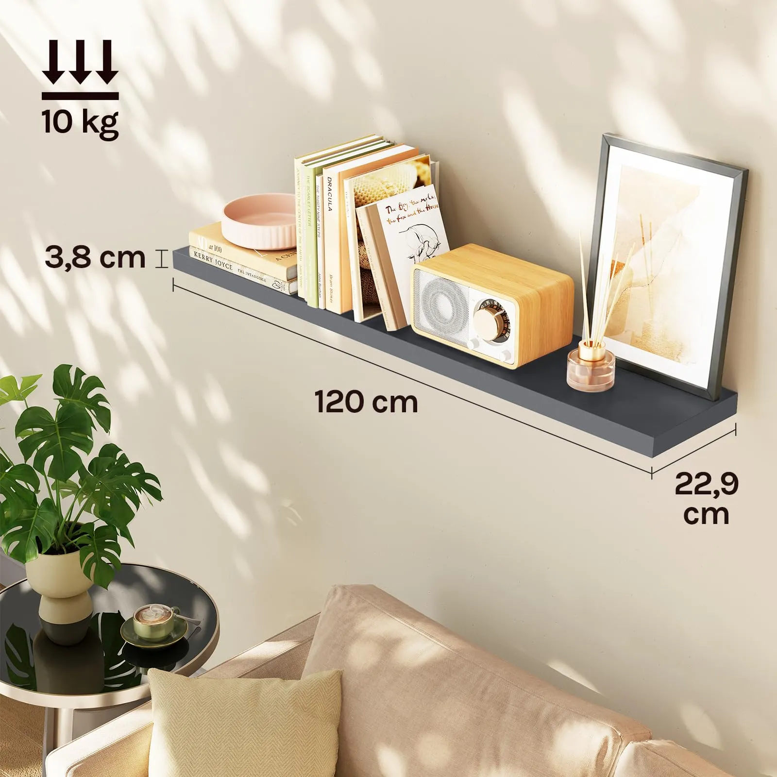 WOLTU Mensola da Muro Rettangolare in Legno Grigio Scuro 120cm RG9315dgr-b - immagine 3