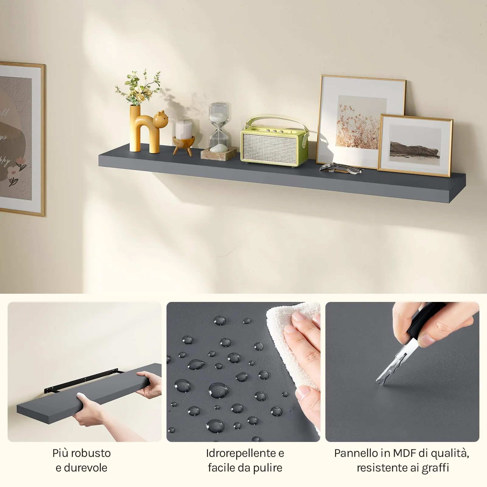 WOLTU Mensola da Muro Rettangolare in Legno Grigio Scuro 120cm RG9315dgr-b - immagine 8