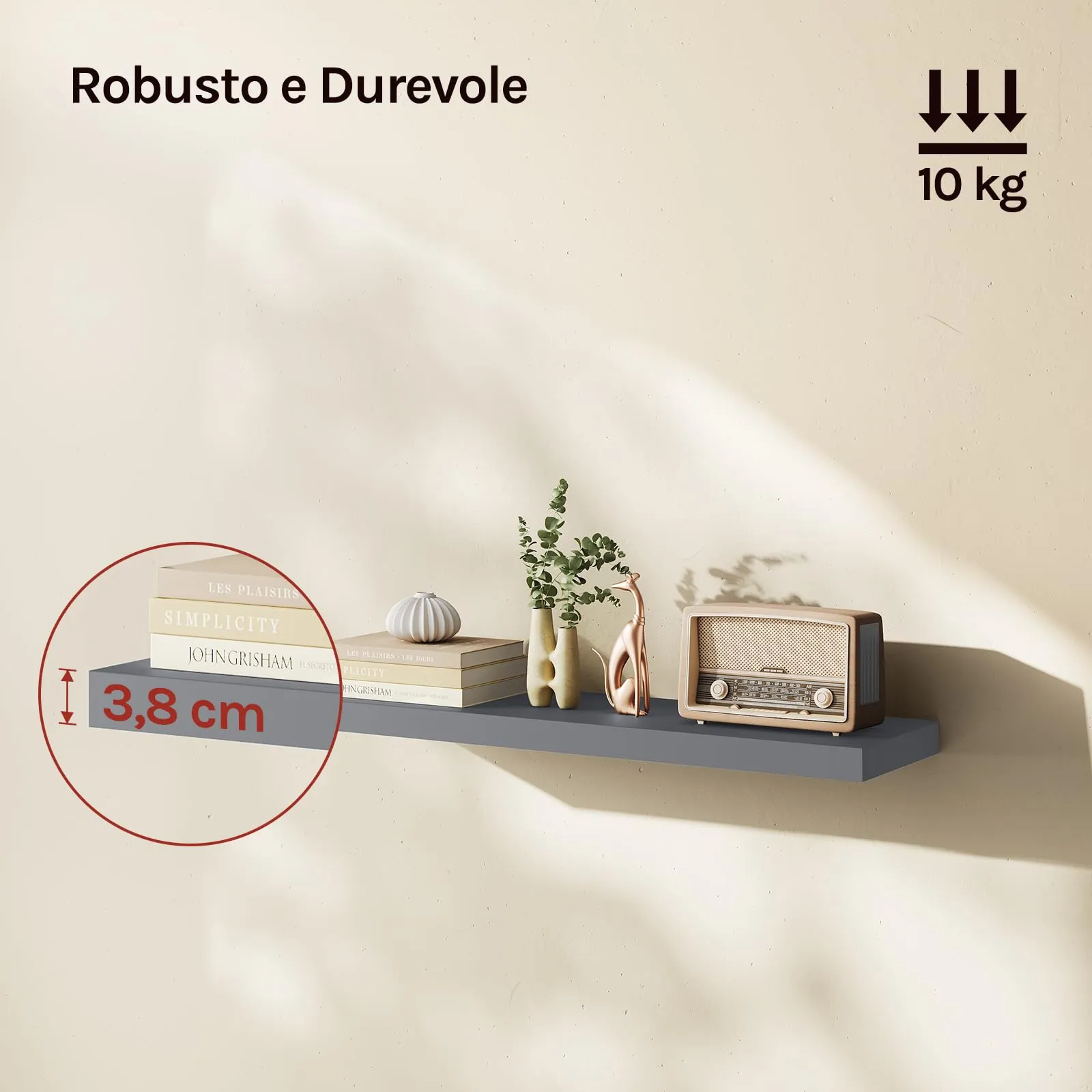 WOLTU Mensola da Muro in MDF, Grigio Scuro, 80x22.9x3.8cm - immagine 2