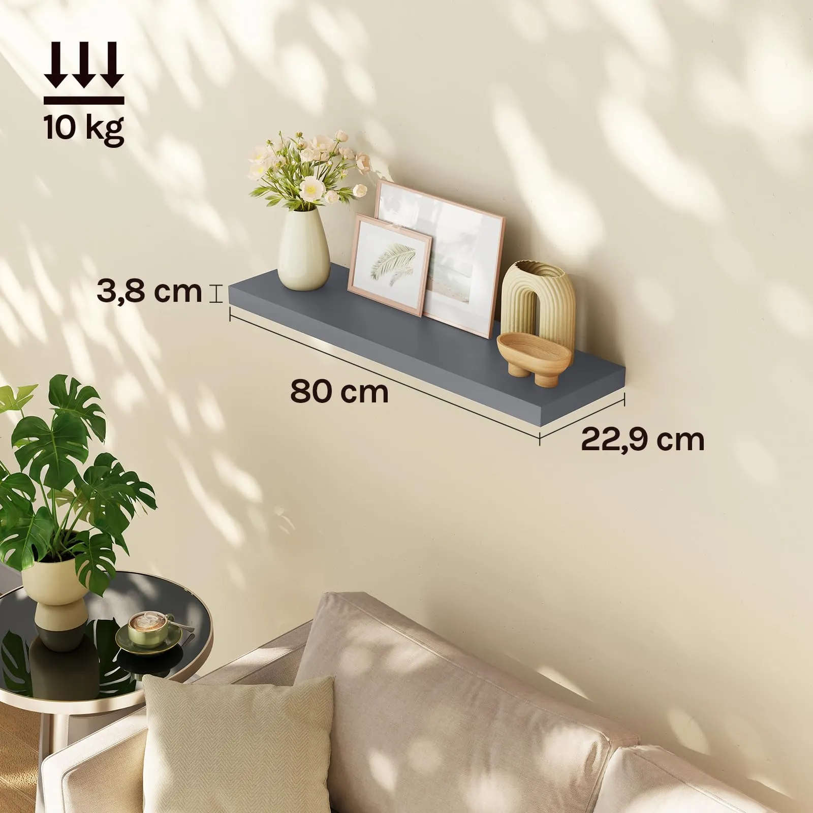 WOLTU Mensola da Muro in MDF, Grigio Scuro, 80x22.9x3.8cm - immagine 3