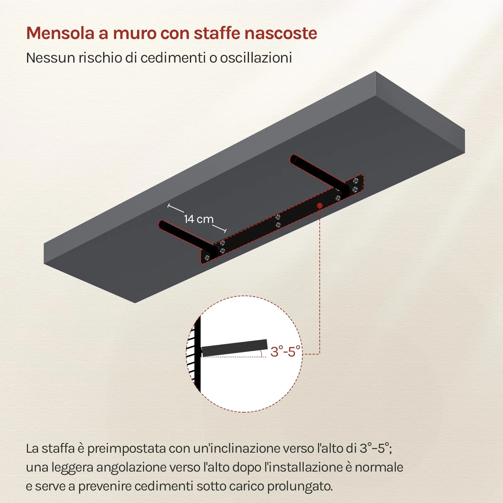 WOLTU Mensola da Muro in MDF, Grigio Scuro, 80x22.9x3.8cm - immagine 5