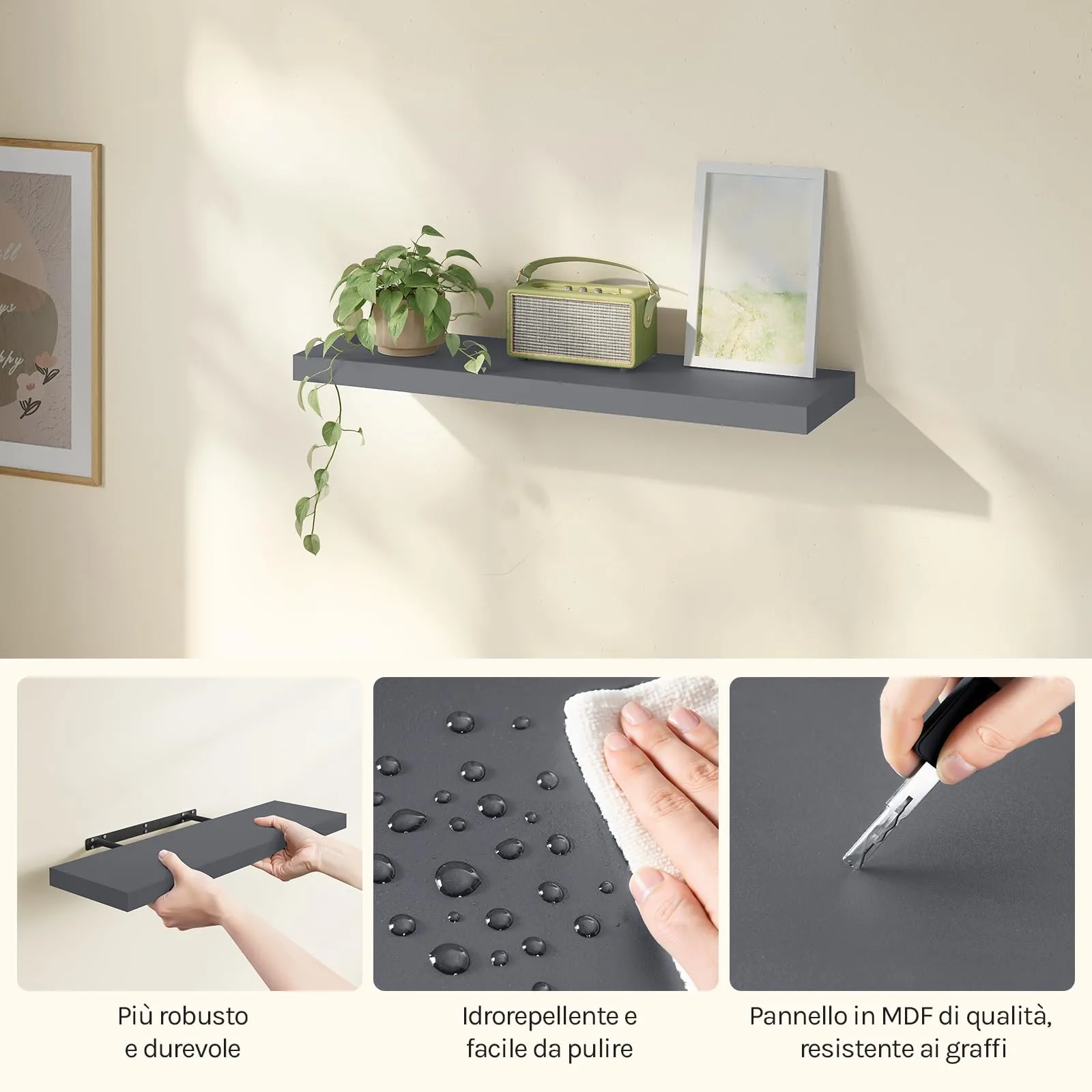 WOLTU Mensola da Muro in MDF, Grigio Scuro, 80x22.9x3.8cm - immagine 8