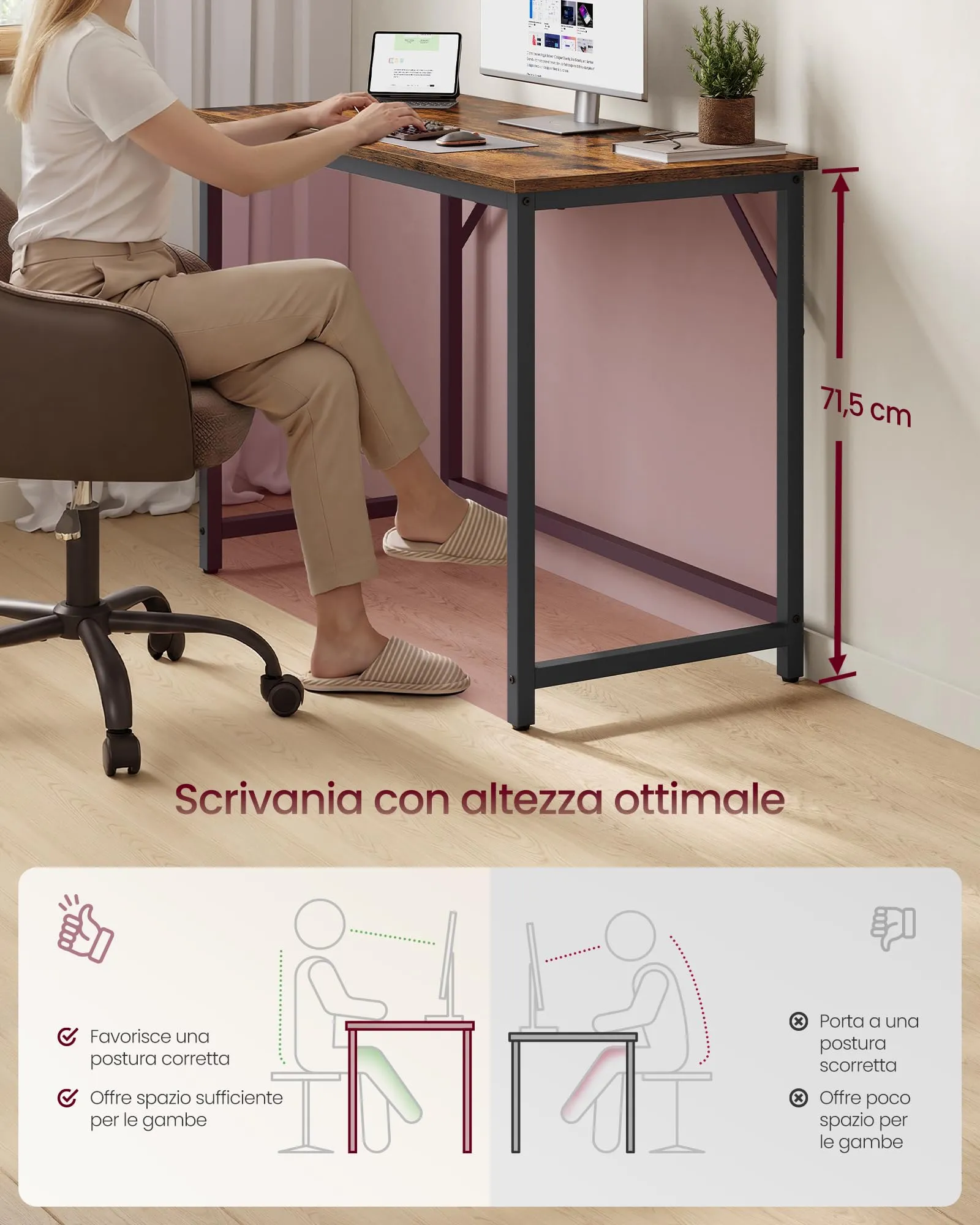 VASAGLE Scrivania per Computer in Stile Industriale, 50 x 100 x 76 cm, Marrone Vintage e Nero, LWD41X - immagine 3