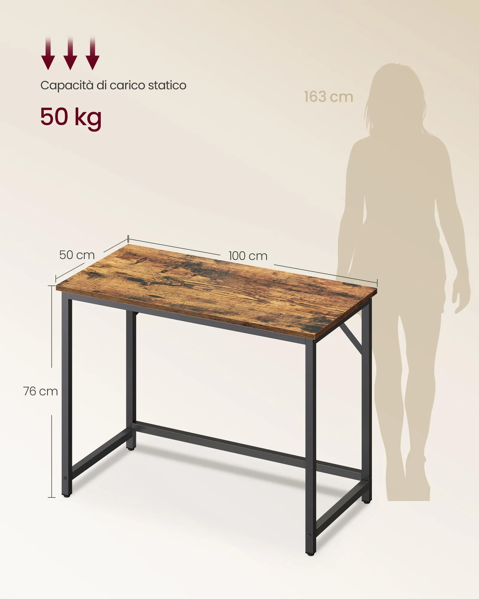VASAGLE Scrivania per Computer in Stile Industriale, 50 x 100 x 76 cm, Marrone Vintage e Nero, LWD41X - immagine 5