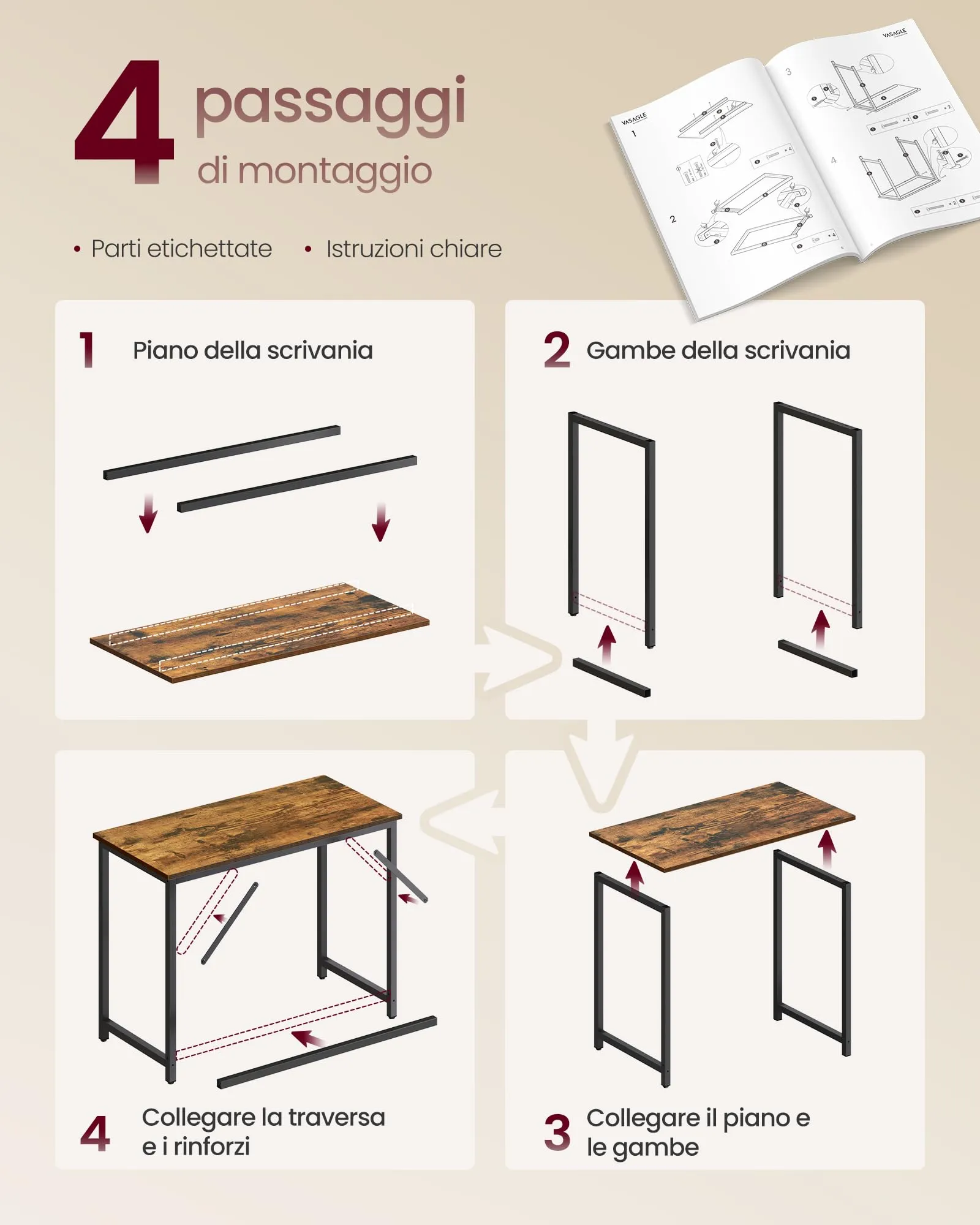 VASAGLE Scrivania per Computer in Stile Industriale, 50 x 100 x 76 cm, Marrone Vintage e Nero, LWD41X - immagine 6