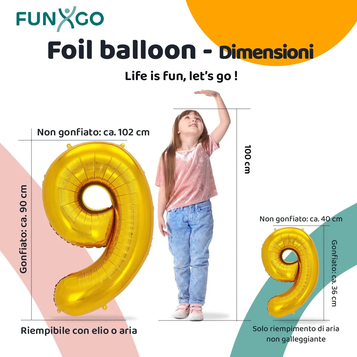 FUNXGO Palloncino Numero 9 Oro - Set di due pezzi (Grande e Piccolo) - immagine 2