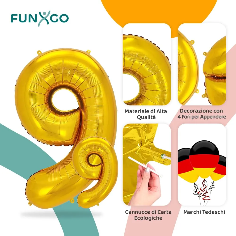 FUNXGO Palloncino Numero 9 Oro - Set di due pezzi (Grande e Piccolo) - immagine 3