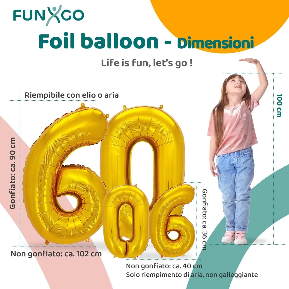 FUNXGO Palloncini Numero 60 Oro, Set di due pezzi (Grande e Piccolo) - immagine 2