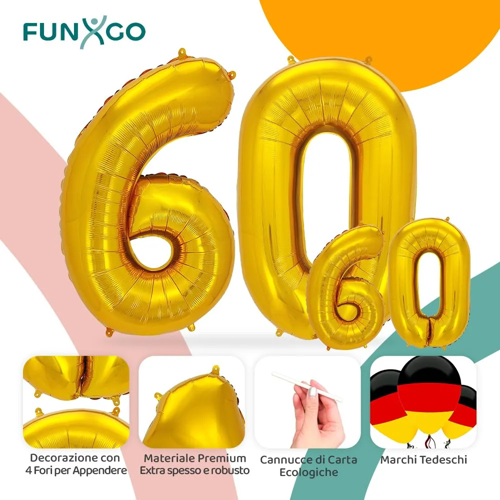 FUNXGO Palloncini Numero 60 Oro, Set di due pezzi (Grande e Piccolo) - immagine 3