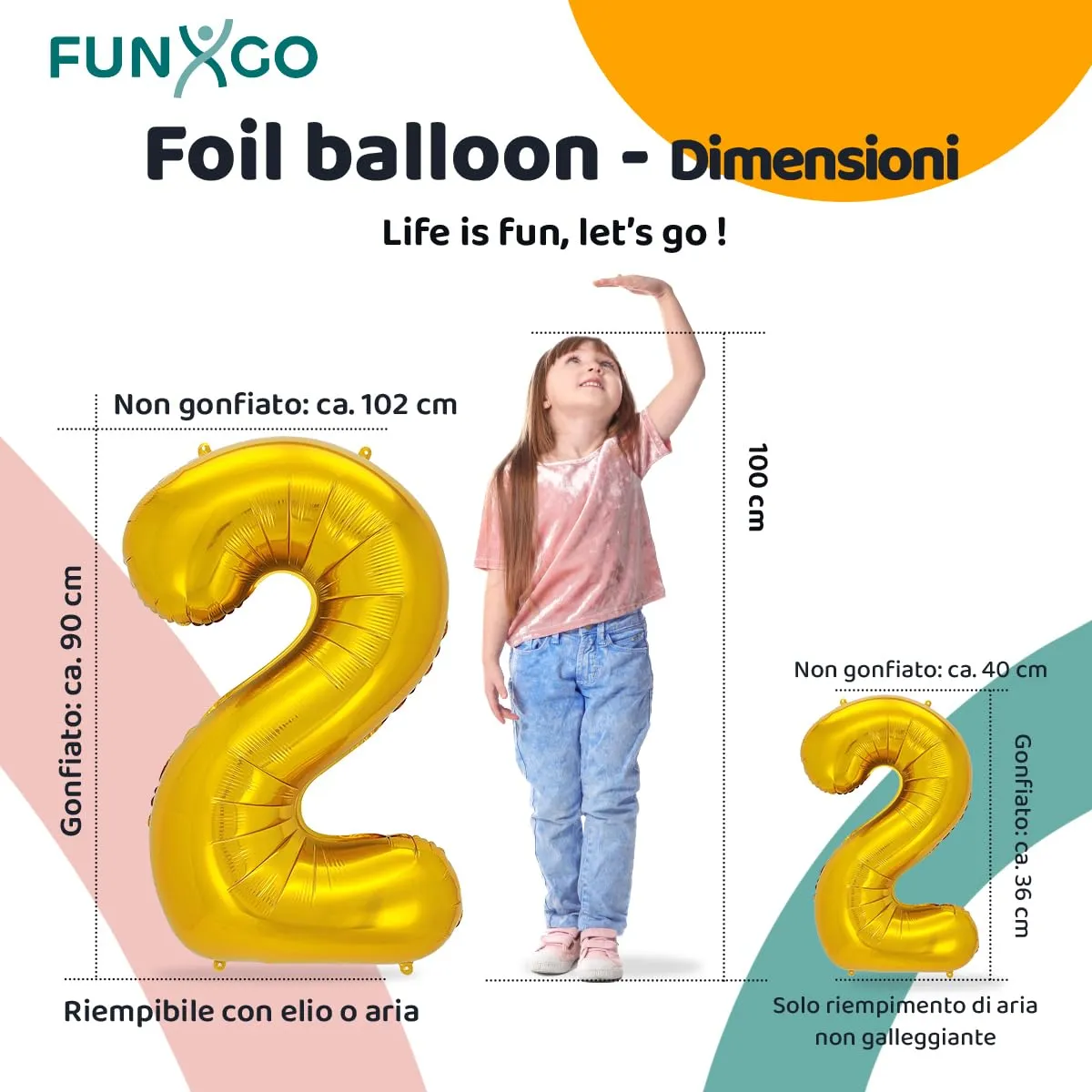 FUNXGO Palloncino Numero 2 Oro, Set di due pezzi (grande e piccolo) - immagine 2