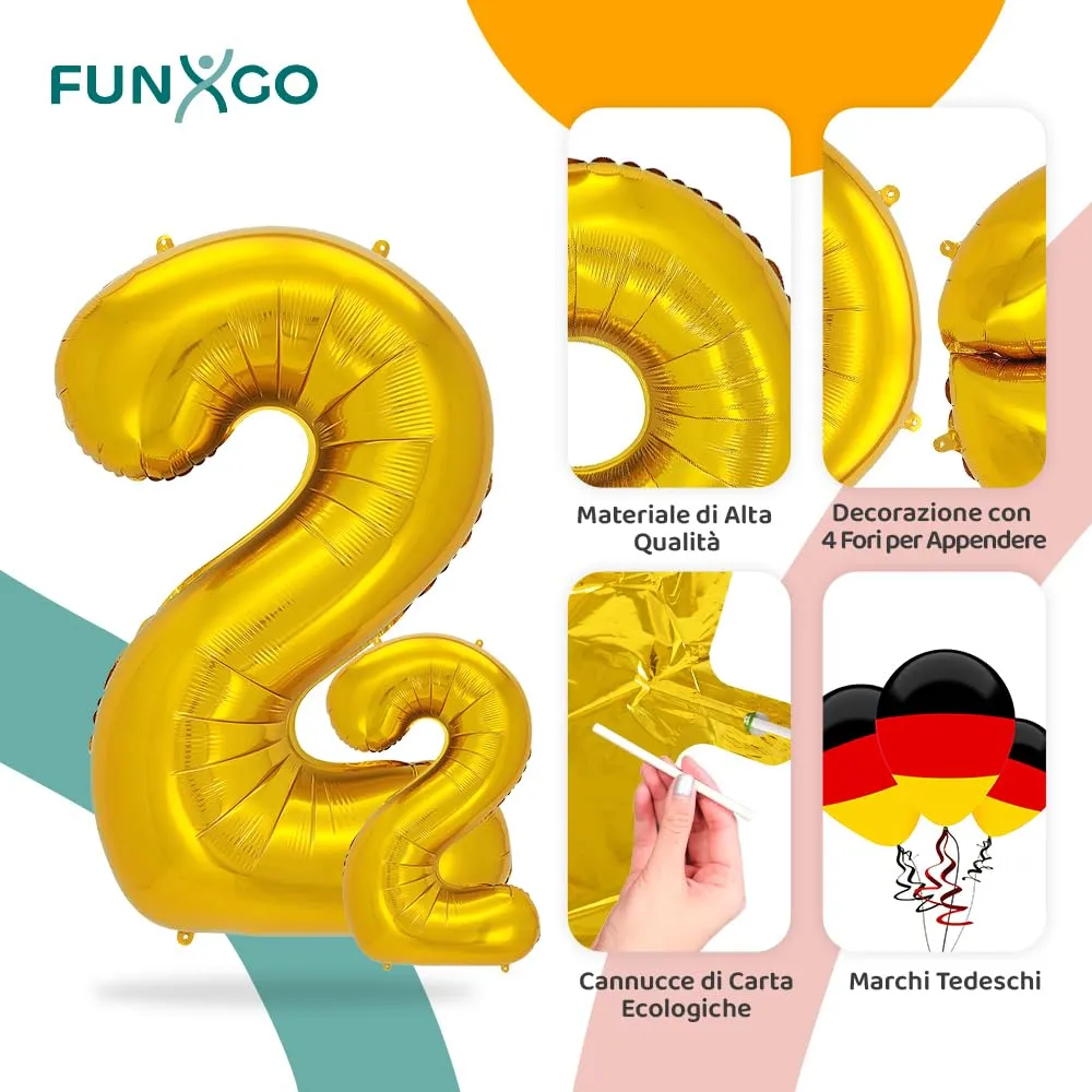 FUNXGO Palloncino Numero 2 Oro, Set di due pezzi (grande e piccolo) - immagine 3