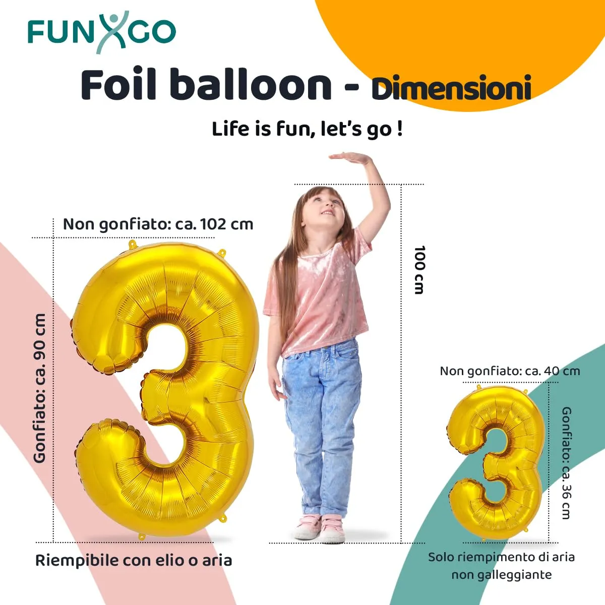 FUNXGO Palloncino Numero 3 Oro, set di due pezzi (grande e piccolo) - immagine 2