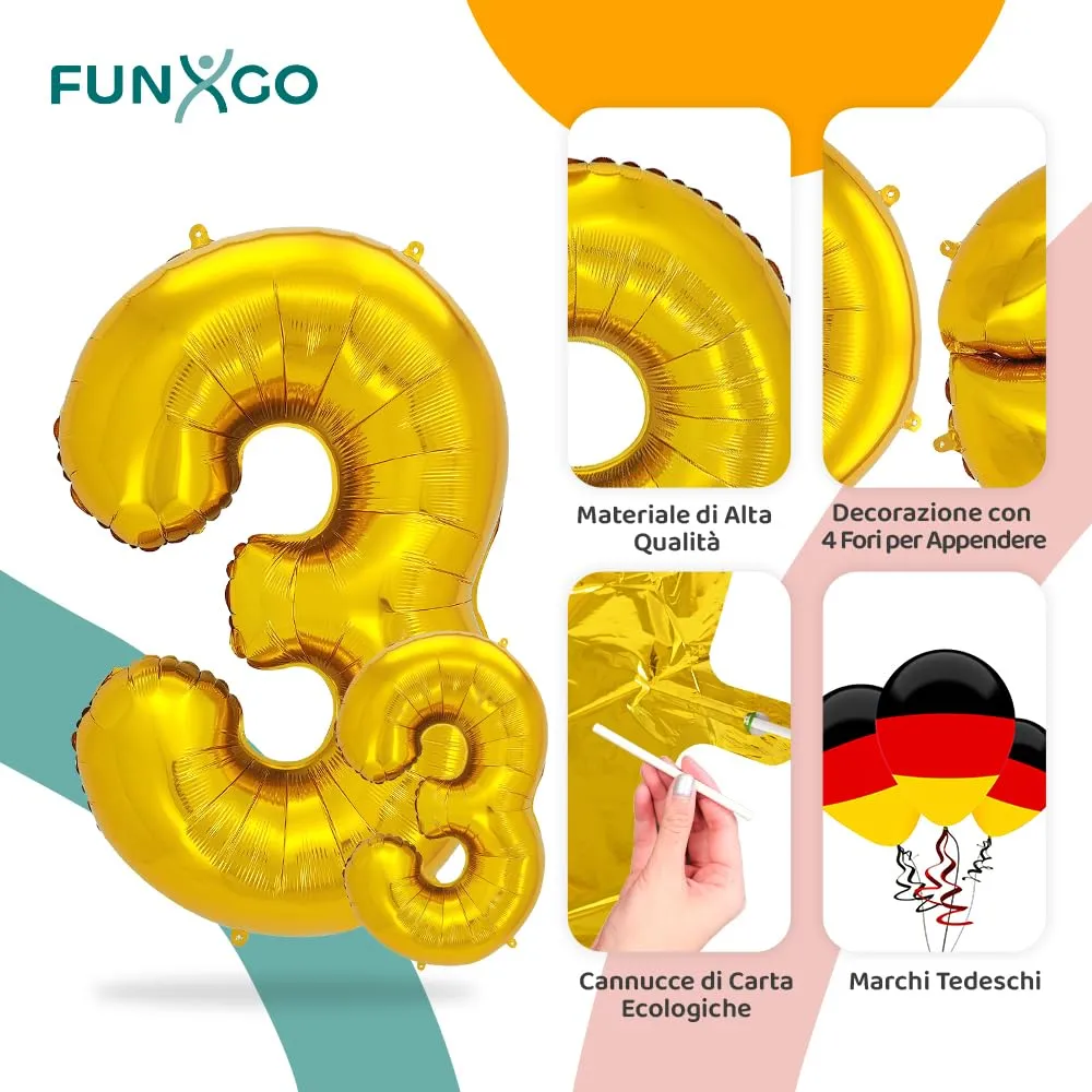 FUNXGO Palloncino Numero 3 Oro, set di due pezzi (grande e piccolo) - immagine 3