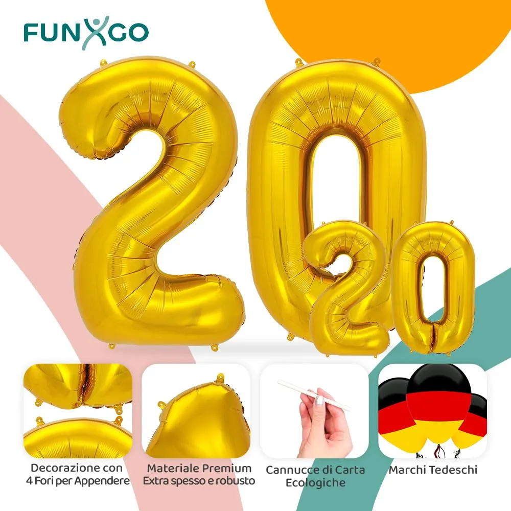 FUNXGO Palloncino Numero 20 Oro - Set di due pezzi (grande e piccolo) - immagine 3