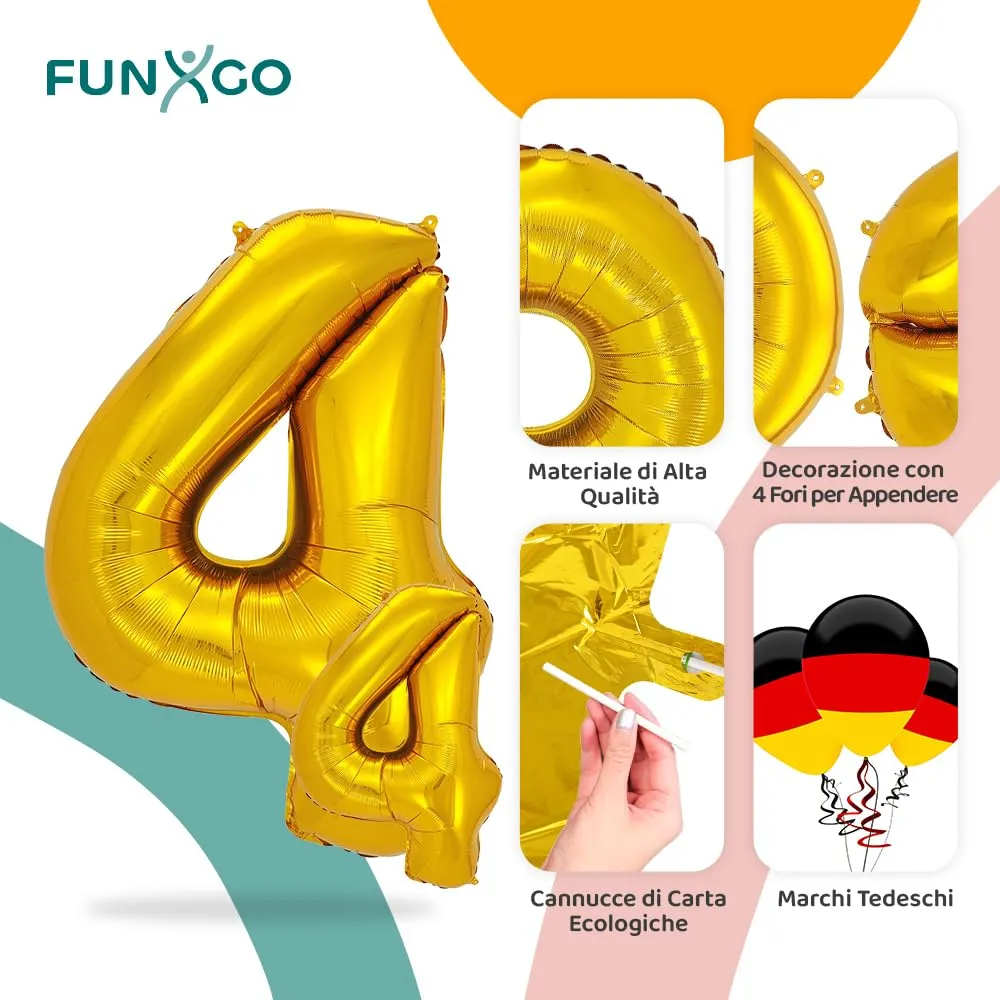 FUNXGO Palloncino Numero 4 Oro, Set di due pezzi (Grande e Piccolo) - immagine 3