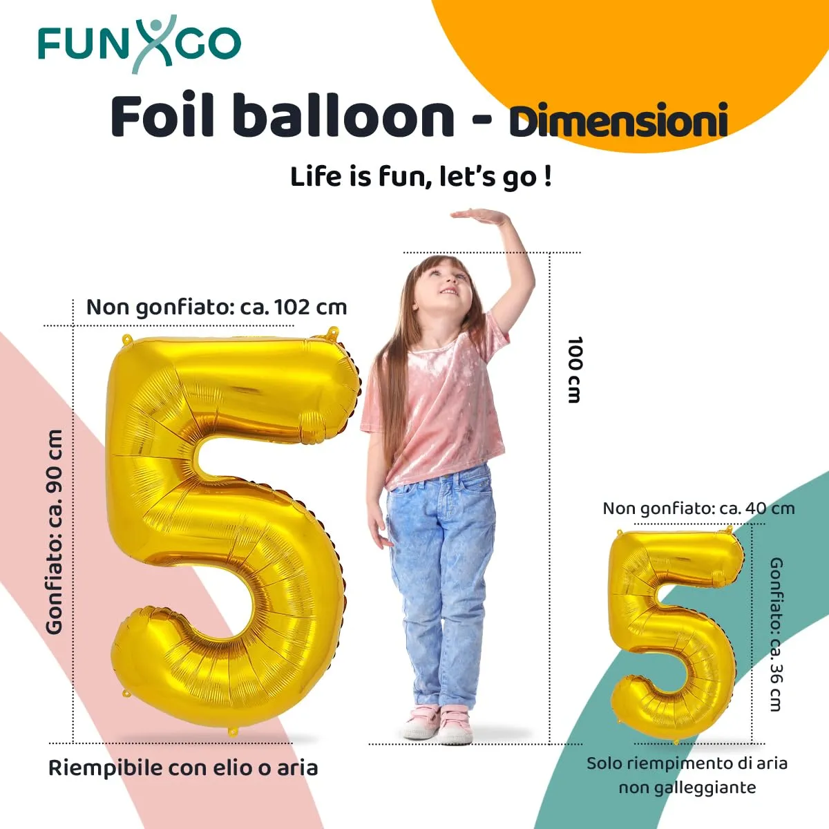 FUNXGO Palloncino Numero 5 Oro - Set di 2 Pezzi (Grande e Piccolo) - immagine 2
