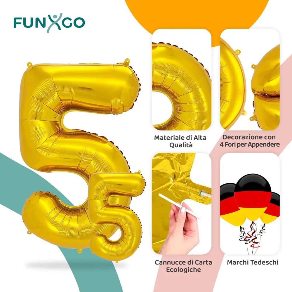 FUNXGO Palloncino Numero 5 Oro - Set di 2 Pezzi (Grande e Piccolo) - immagine 3