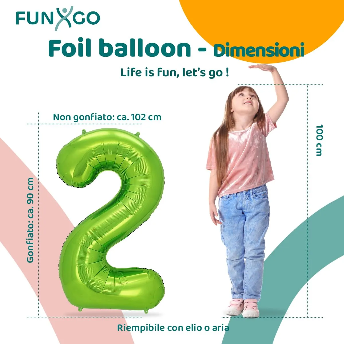 FUNXGO Palloncino Numero 2, Verde, 100 cm - immagine 2