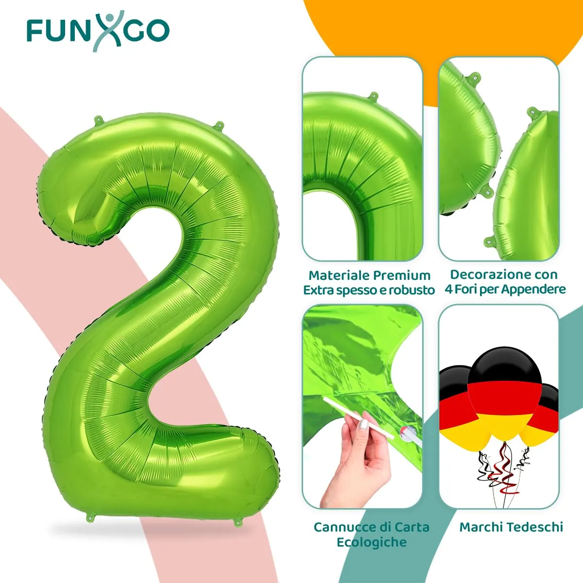 FUNXGO Palloncino Numero 2, Verde, 100 cm - immagine 3