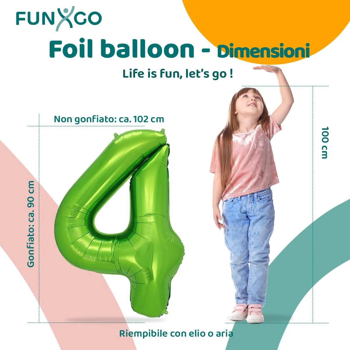 FUNXGO Palloncino Numero 4 Verde, 100 cm - immagine 2
