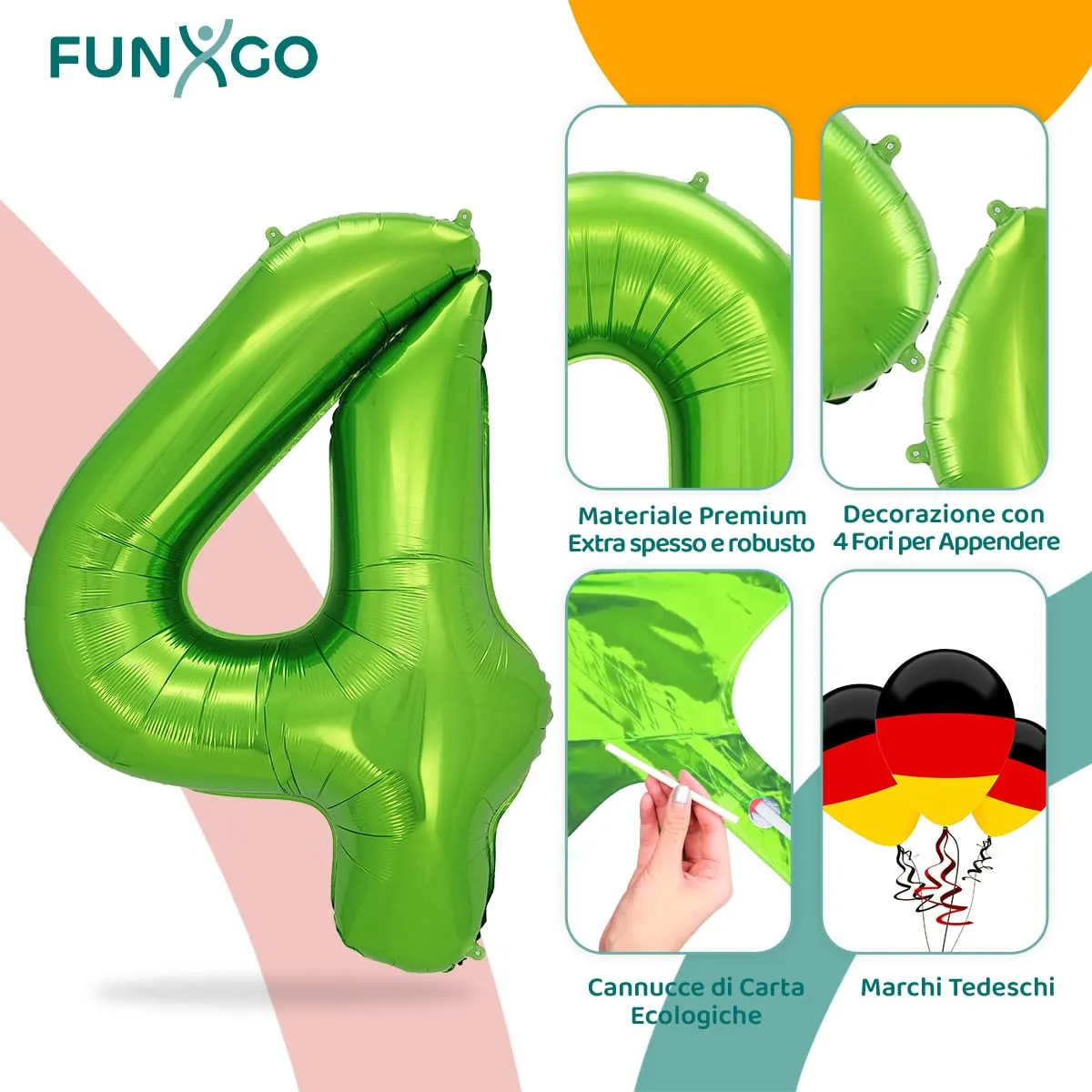 FUNXGO Palloncino Numero 4 Verde, 100 cm - immagine 3