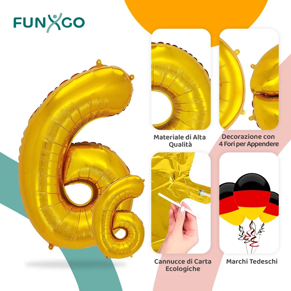 FUNXGO Palloncini Numero 6 Oro - Set di due pezzi (uno grande e uno piccolo) - immagine 3