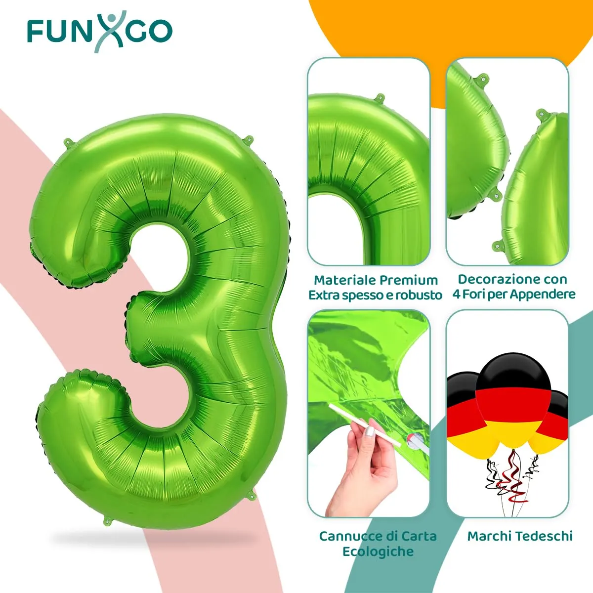 FUNXGO Palloncino Numero 3 Verde - immagine 3