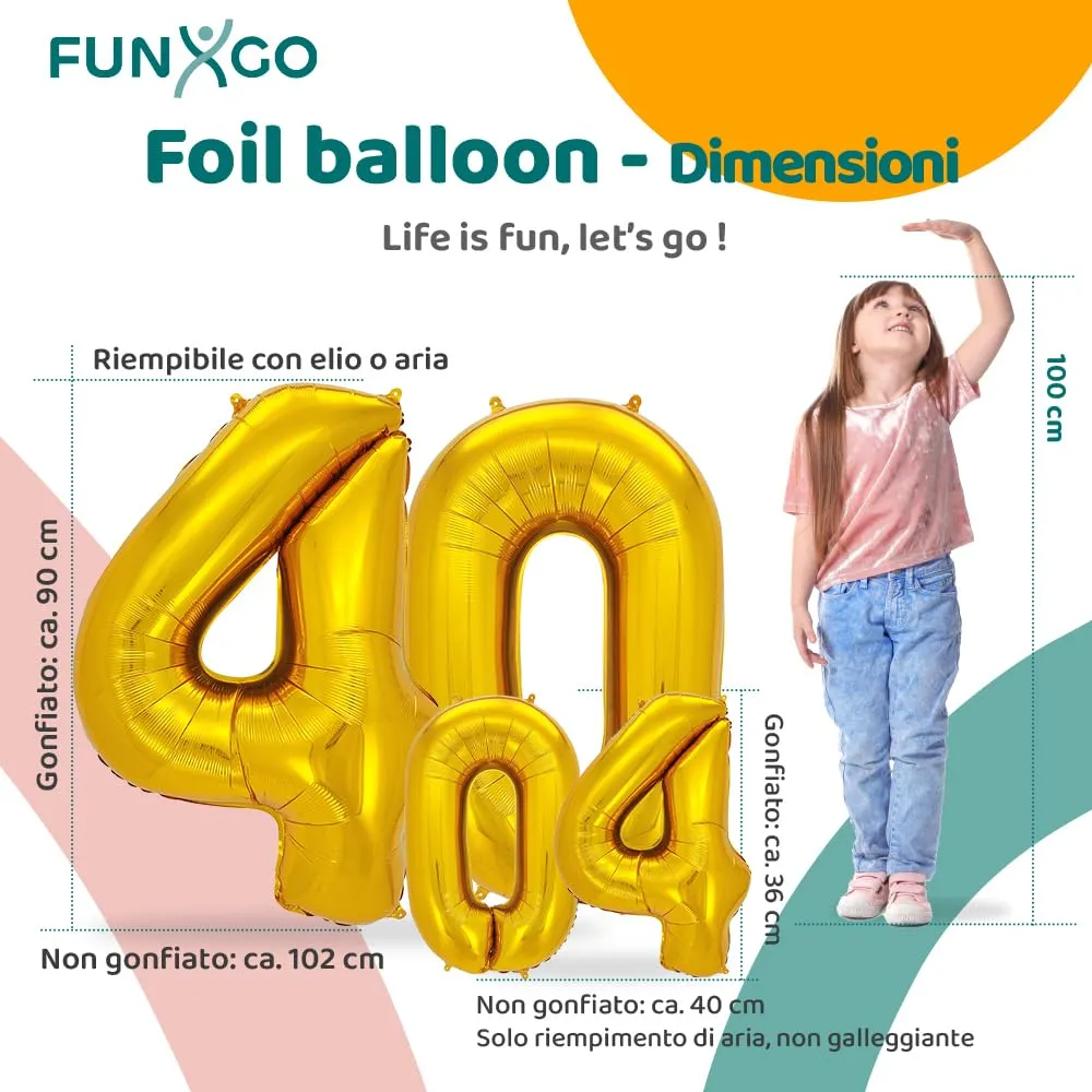 FUNXGO Palloncino Numero 40 Oro, set di due pezzi (grande e piccolo) - immagine 2