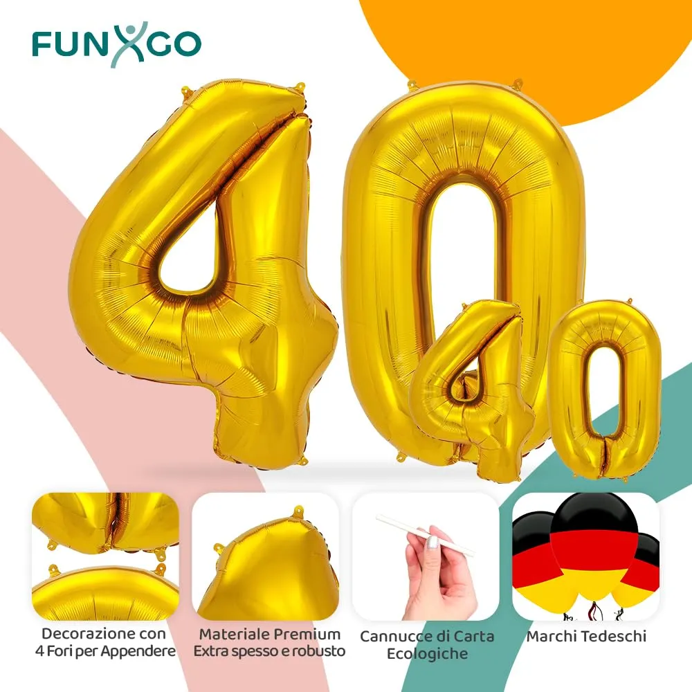 FUNXGO Palloncino Numero 40 Oro, set di due pezzi (grande e piccolo) - immagine 3