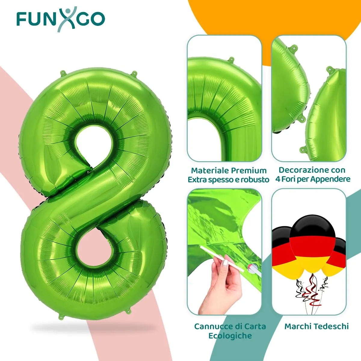 FUNXGO Palloncino Numero 8 Verde, 100 cm - immagine 3