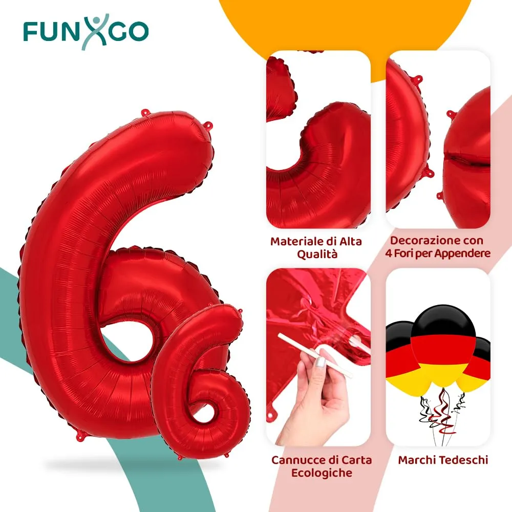 FUNXGO Palloncino Numero 6 Rosso - immagine 3